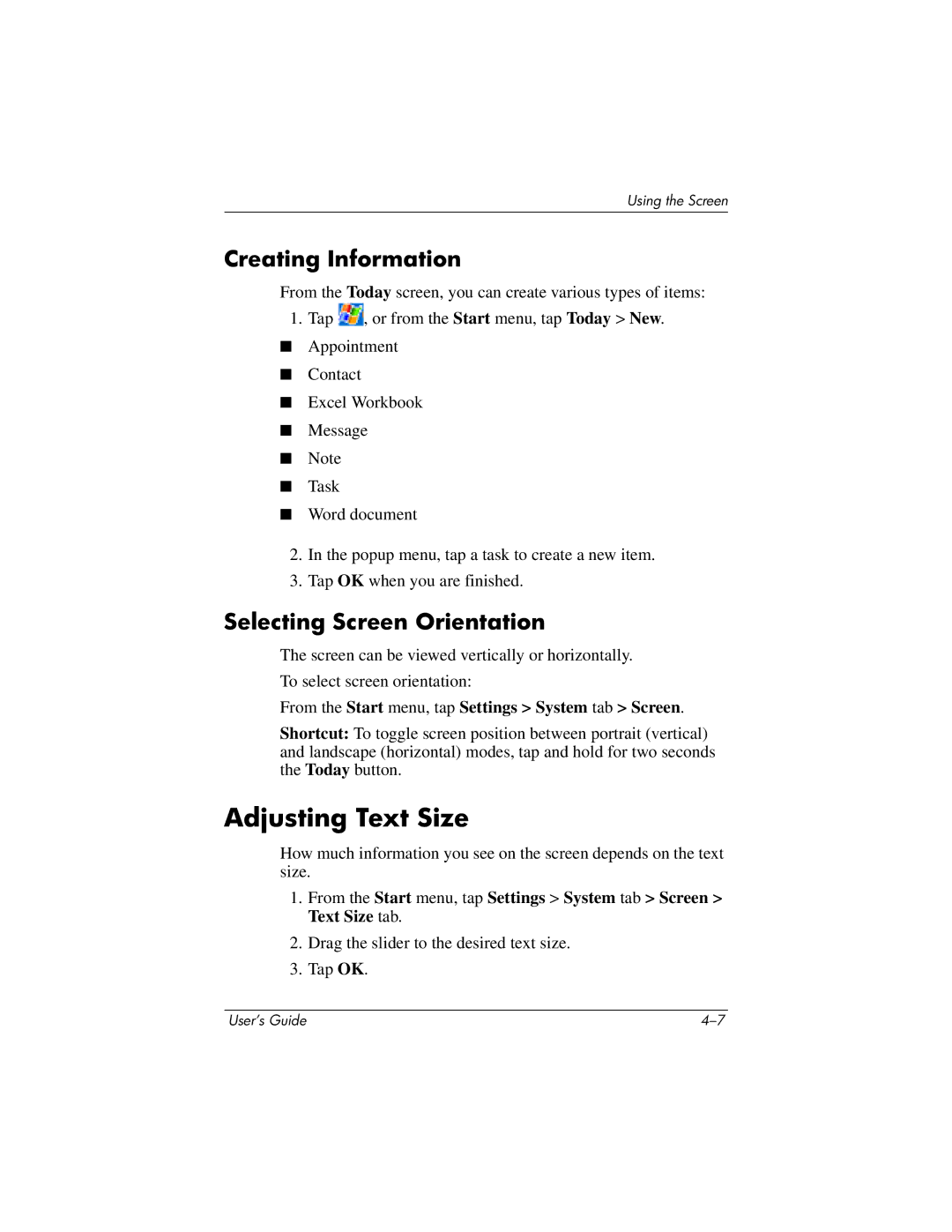 HP RZ1700 manual Adjusting Text Size, Creating Information, Selecting Screen Orientation 