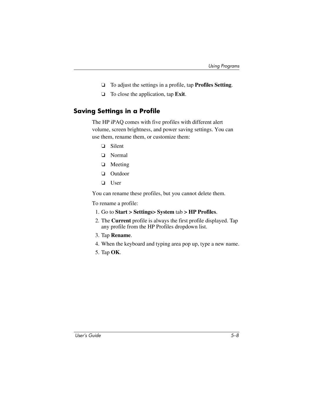 HP RZ1700 manual Saving Settings in a Profile, Tap Rename 