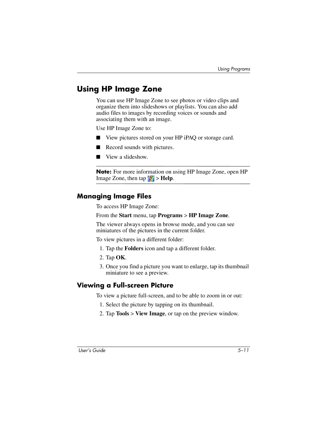 HP RZ1700 manual Using HP Image Zone, Managing Image Files, Viewing a Full-screen Picture 