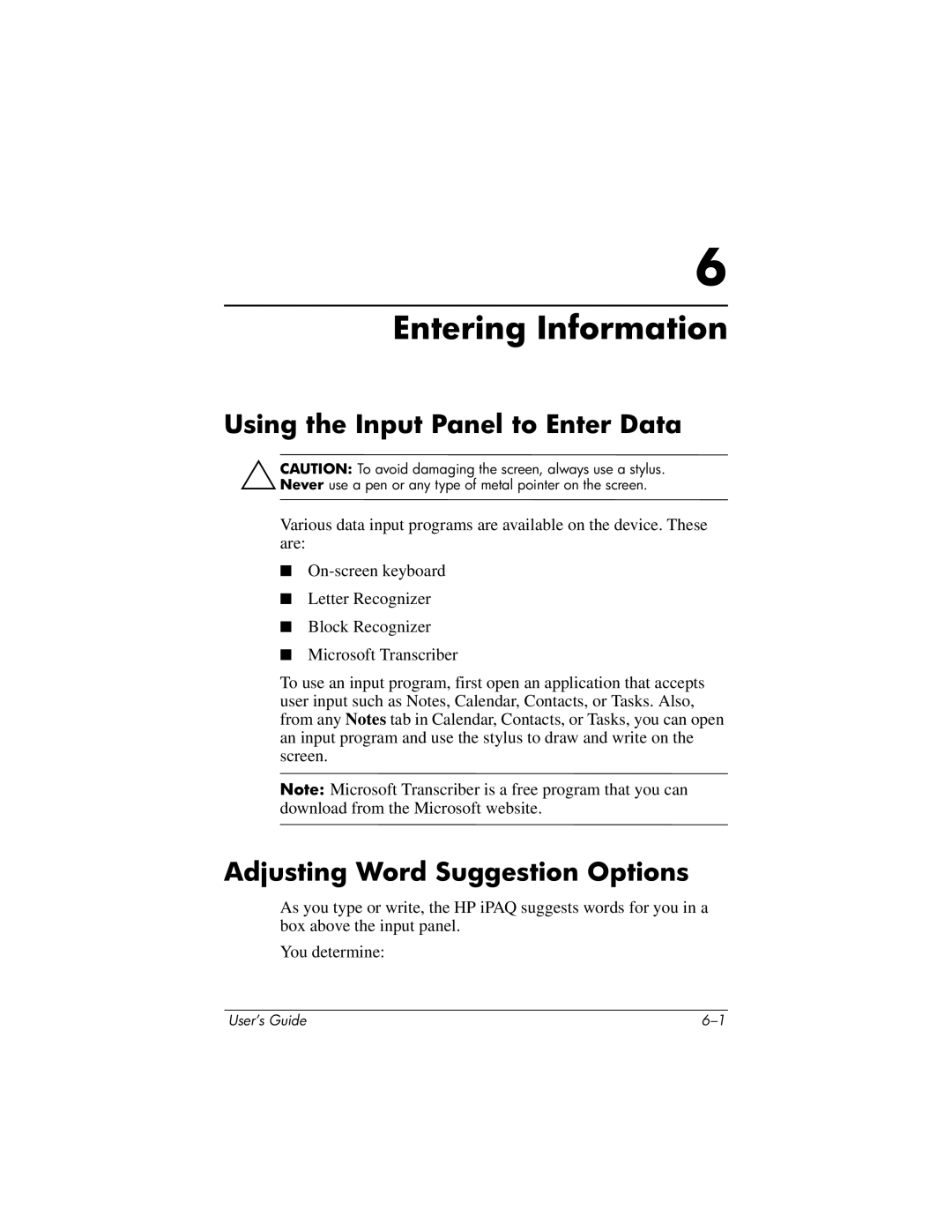 HP RZ1700 manual Entering Information, Using the Input Panel to Enter Data, Adjusting Word Suggestion Options 