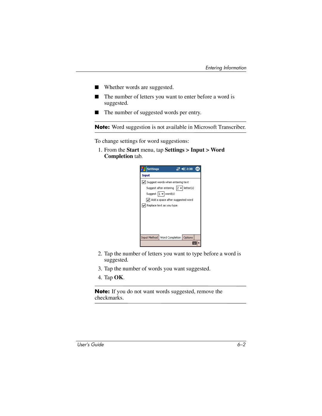 HP RZ1700 manual From the Start menu, tap Settings Input Word Completion tab 