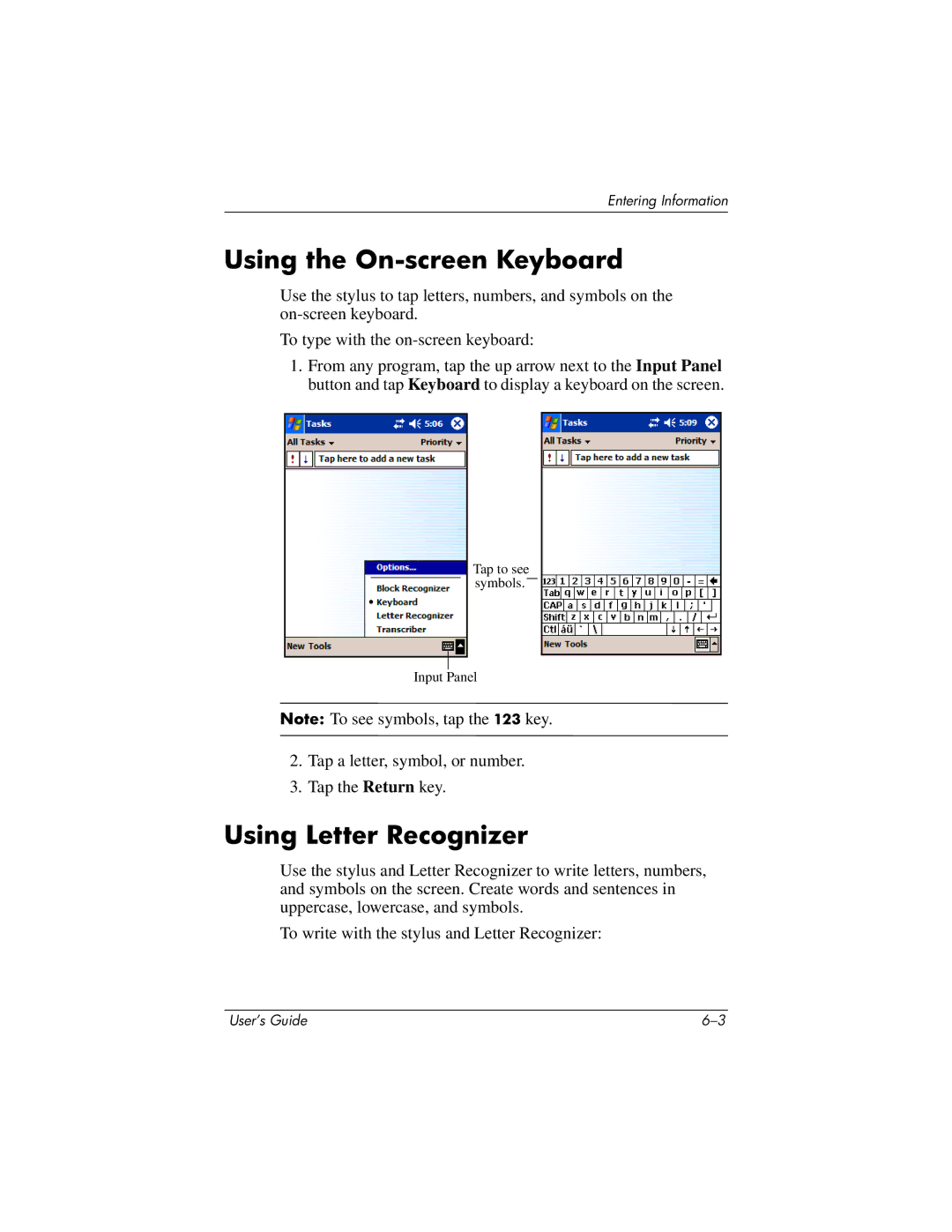 HP RZ1700 manual Using the On-screen Keyboard, Using Letter Recognizer 