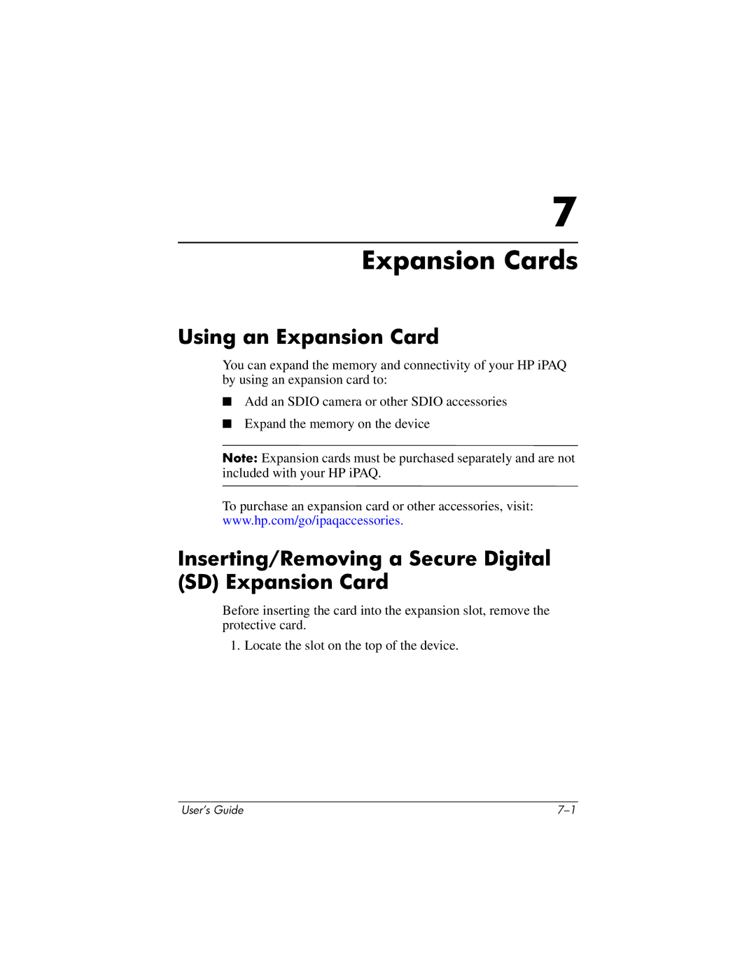 HP RZ1700 manual Expansion Cards, Using an Expansion Card, Inserting/Removing a Secure Digital SD Expansion Card 