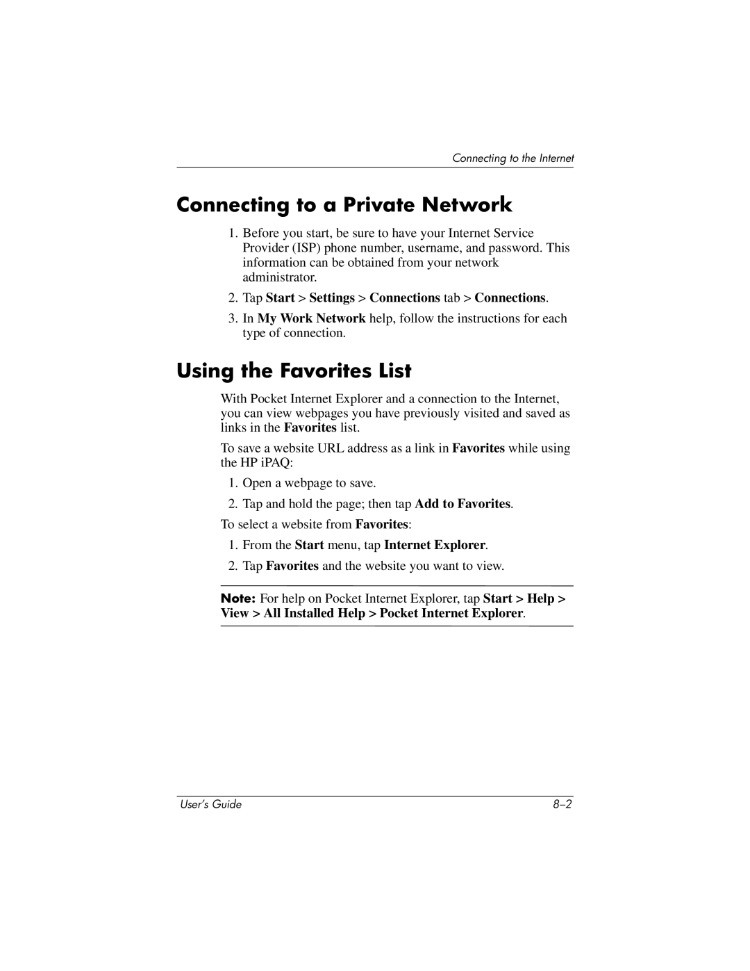 HP RZ1700 manual Connecting to a Private Network, Using the Favorites List, Tap Start Settings Connections tab Connections 