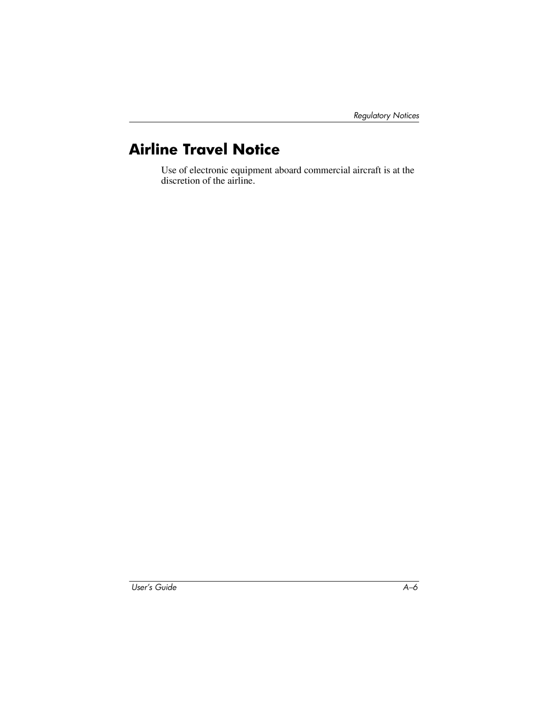 HP RZ1700 manual Airline Travel Notice 