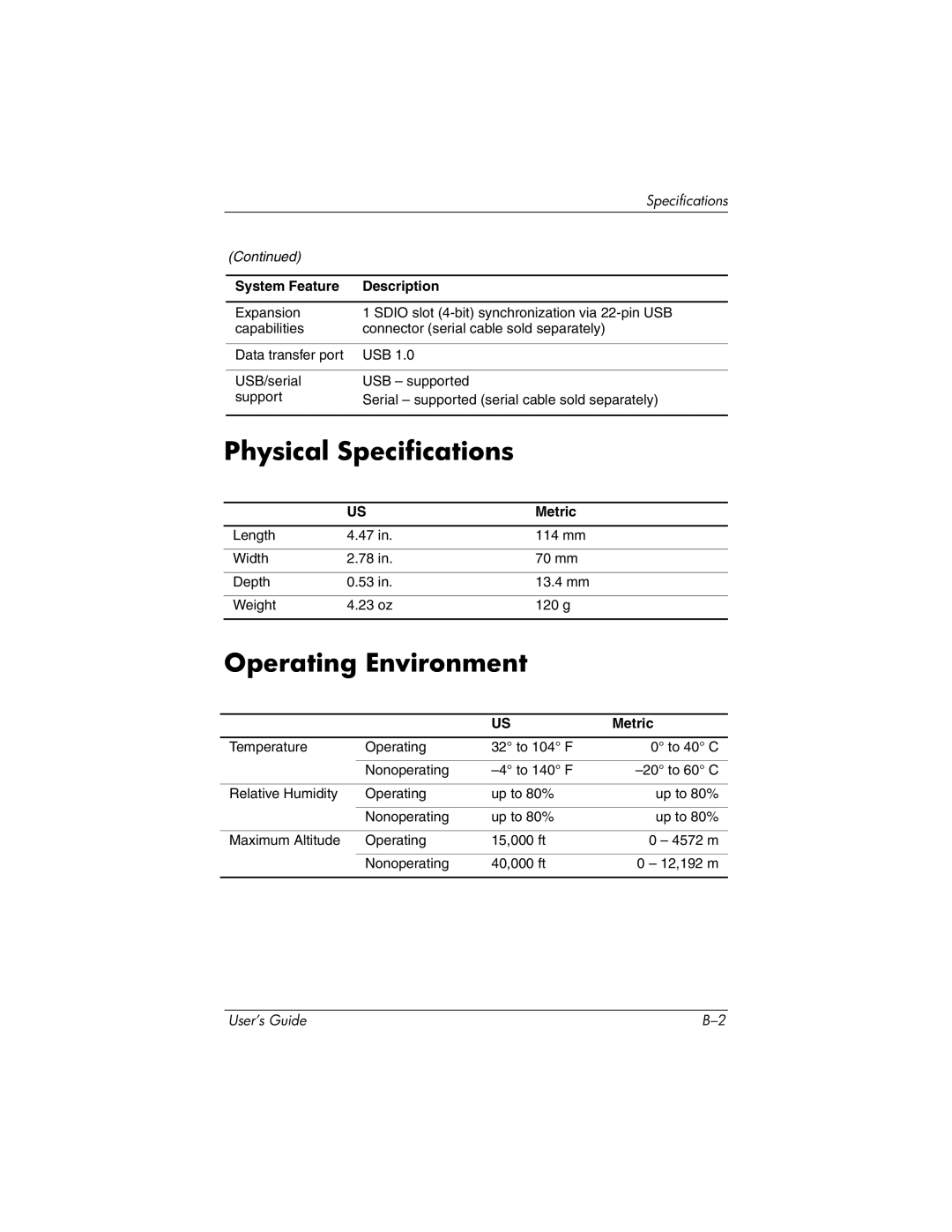 HP RZ1700 manual Physical Specifications, Operating Environment 