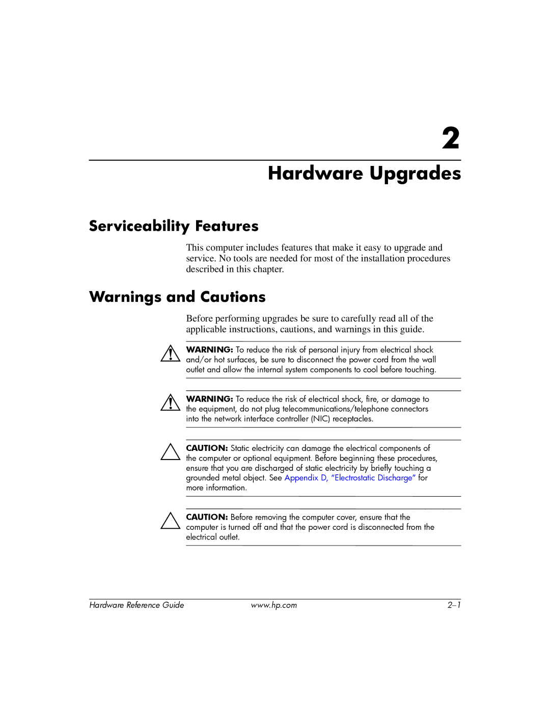 HP s dx5150 manual Hardware Upgrades, Serviceability Features 