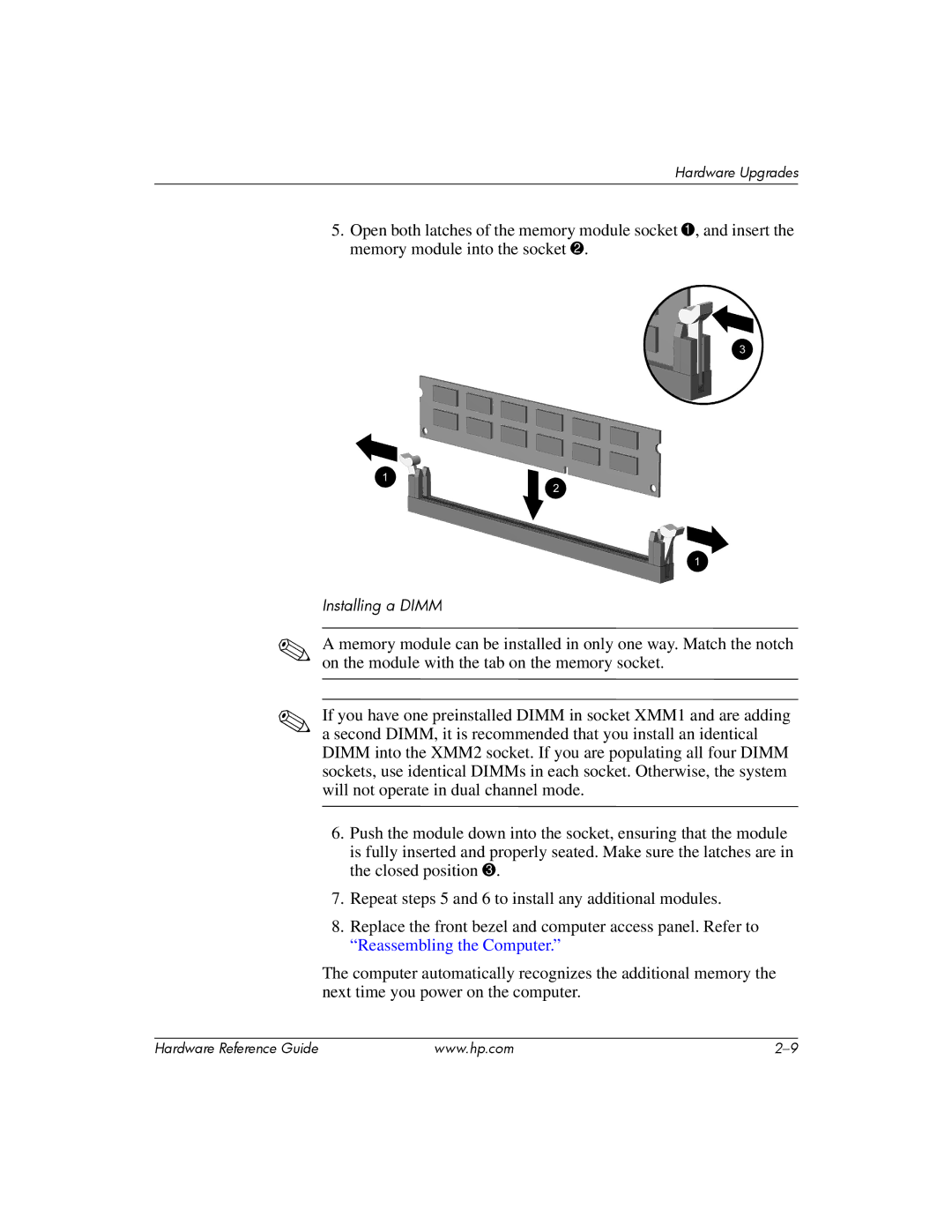 HP s dx5150 manual Installing a Dimm 