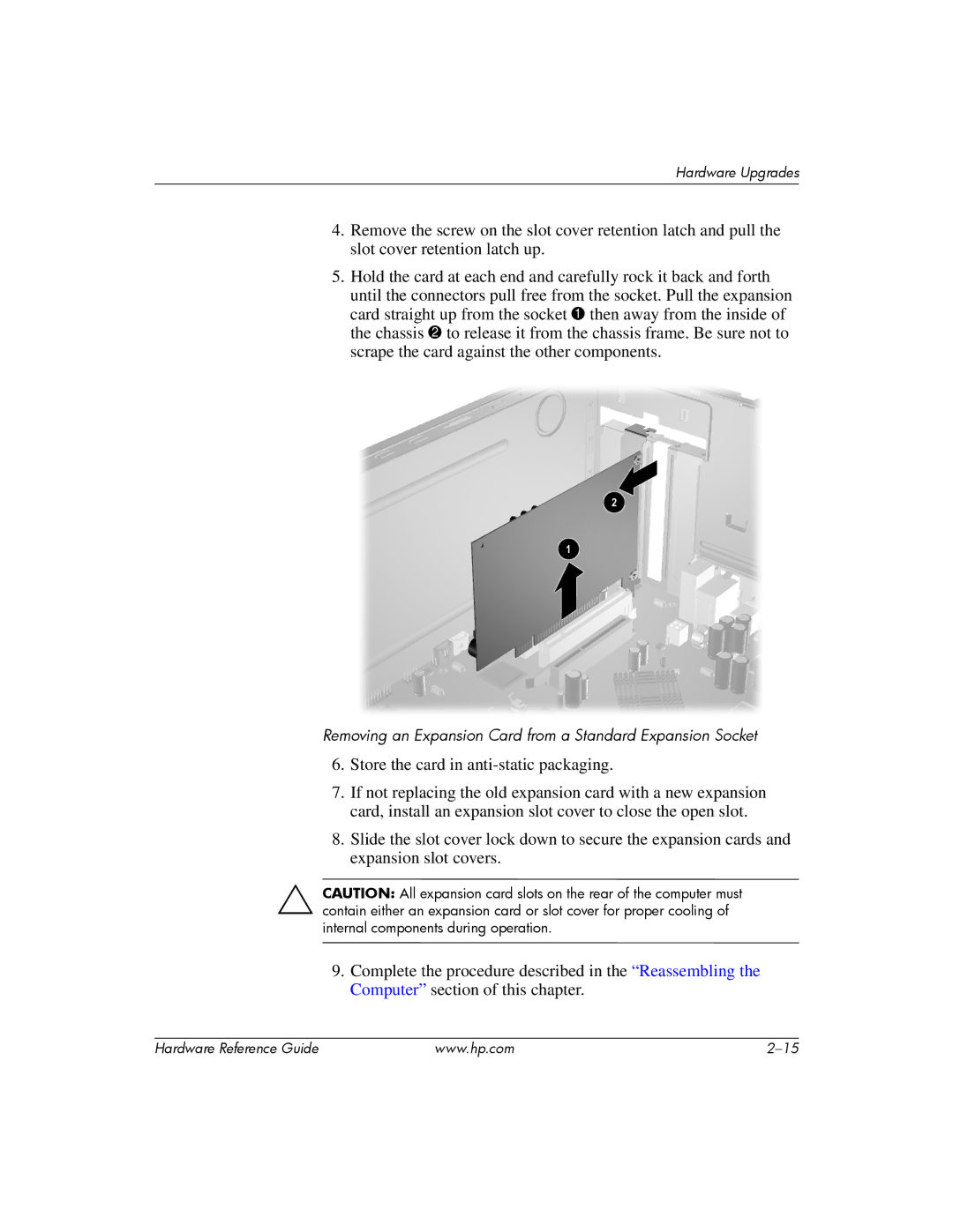 HP s dx5150 manual Removing an Expansion Card from a Standard Expansion Socket 