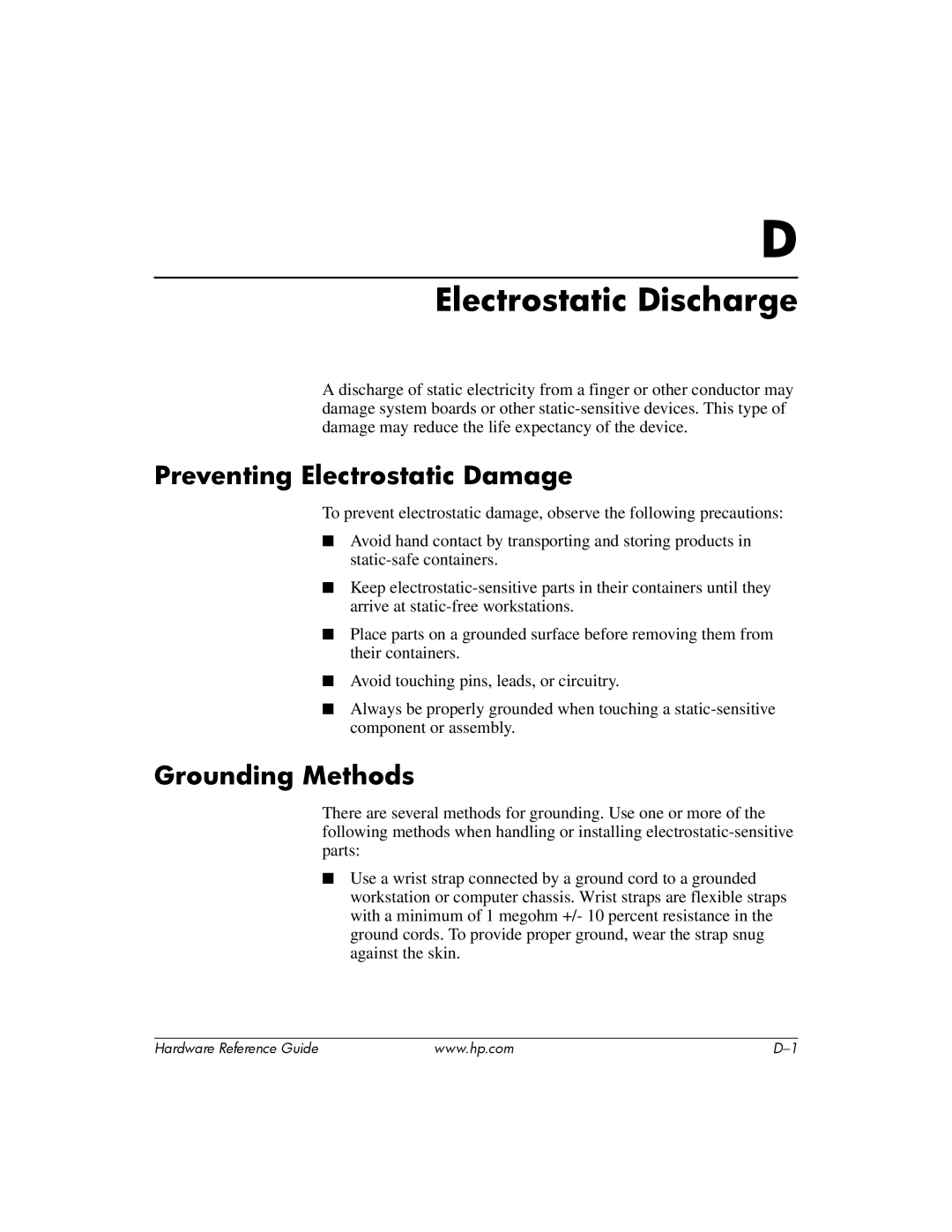 HP s dx5150 manual Electrostatic Discharge, Preventing Electrostatic Damage, Grounding Methods 