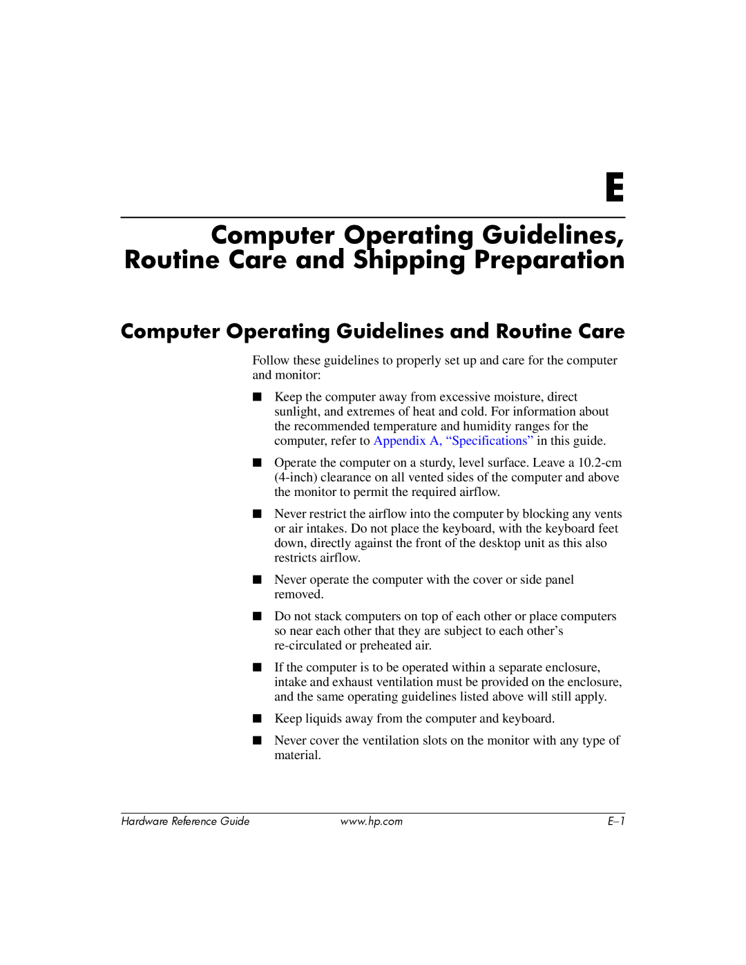 HP s dx5150 manual Computer Operating Guidelines and Routine Care 