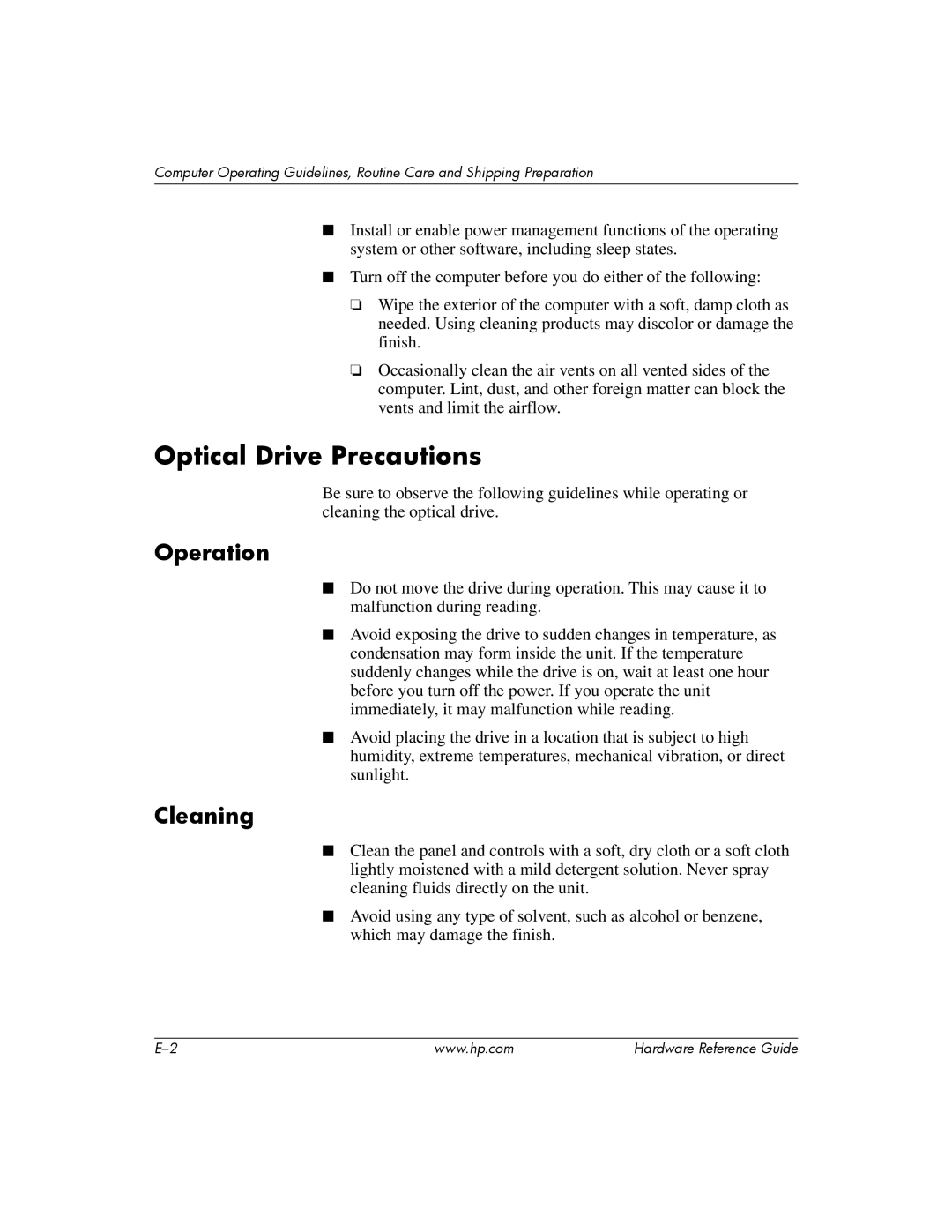 HP s dx5150 manual Optical Drive Precautions, Operation, Cleaning 