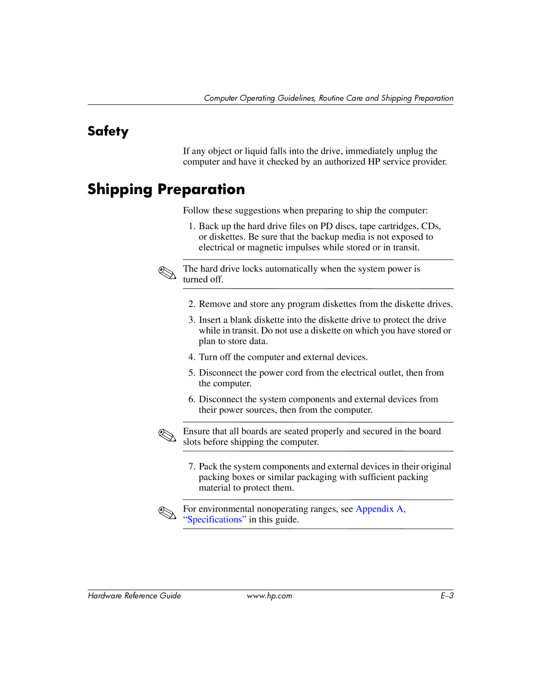 HP s dx5150 manual Shipping Preparation, Safety 