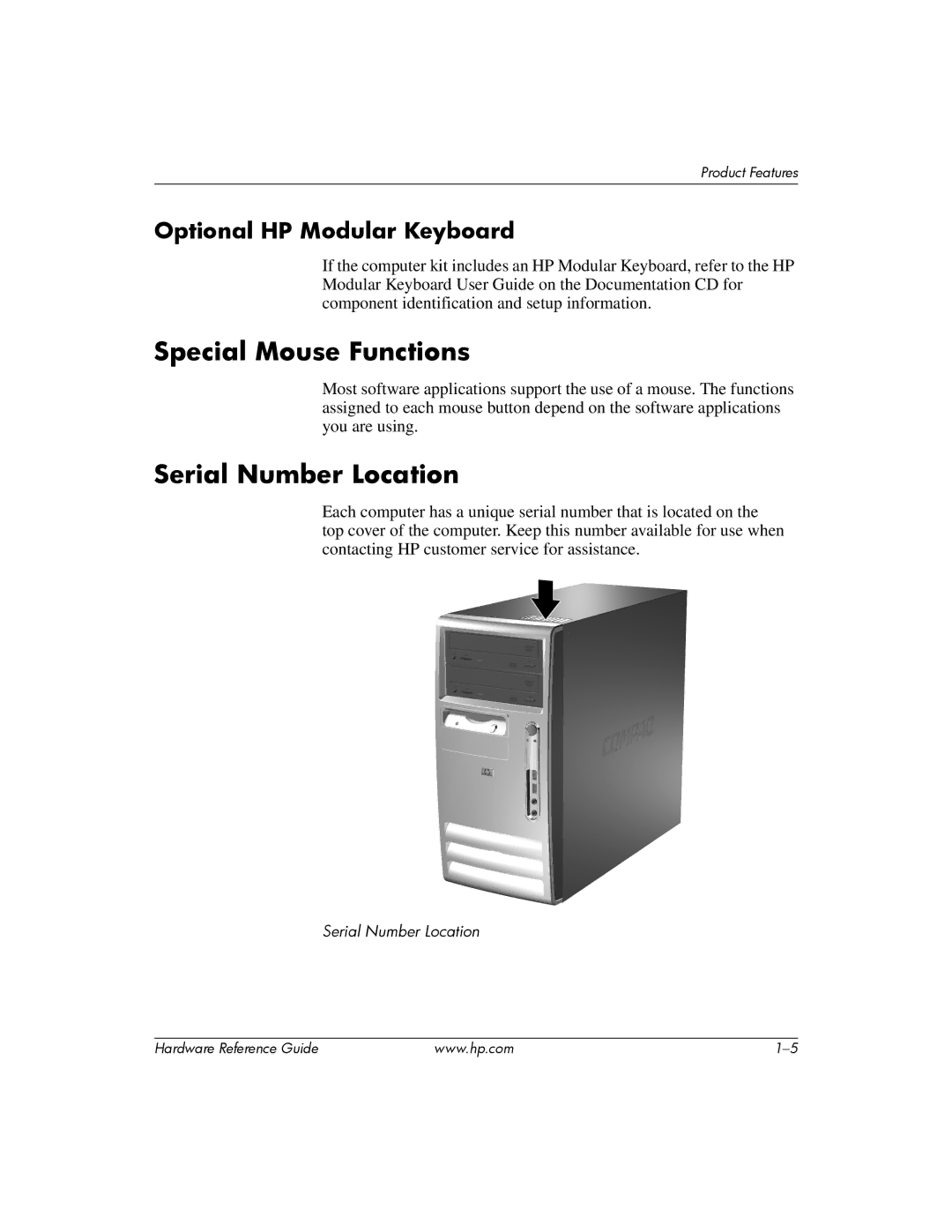 HP s dx5150 manual Special Mouse Functions, Serial Number Location, Optional HP Modular Keyboard 