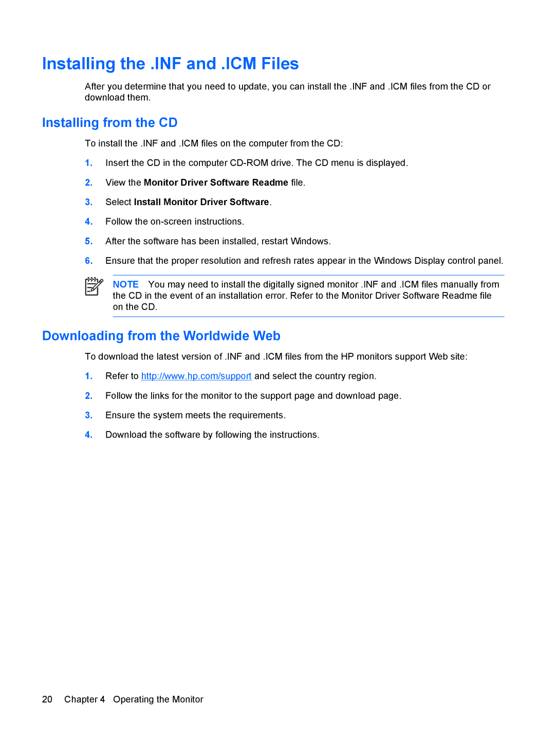 HP S LP2065, S LP1965 manual Installing the .INF and .ICM Files, Installing from the CD, Downloading from the Worldwide Web 