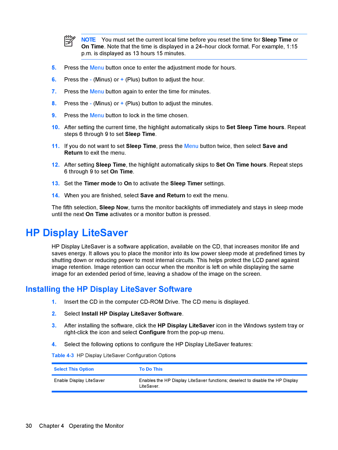 HP S LP1965, S LP2465 manual Installing the HP Display LiteSaver Software, 3HP Display LiteSaver Configuration Options 