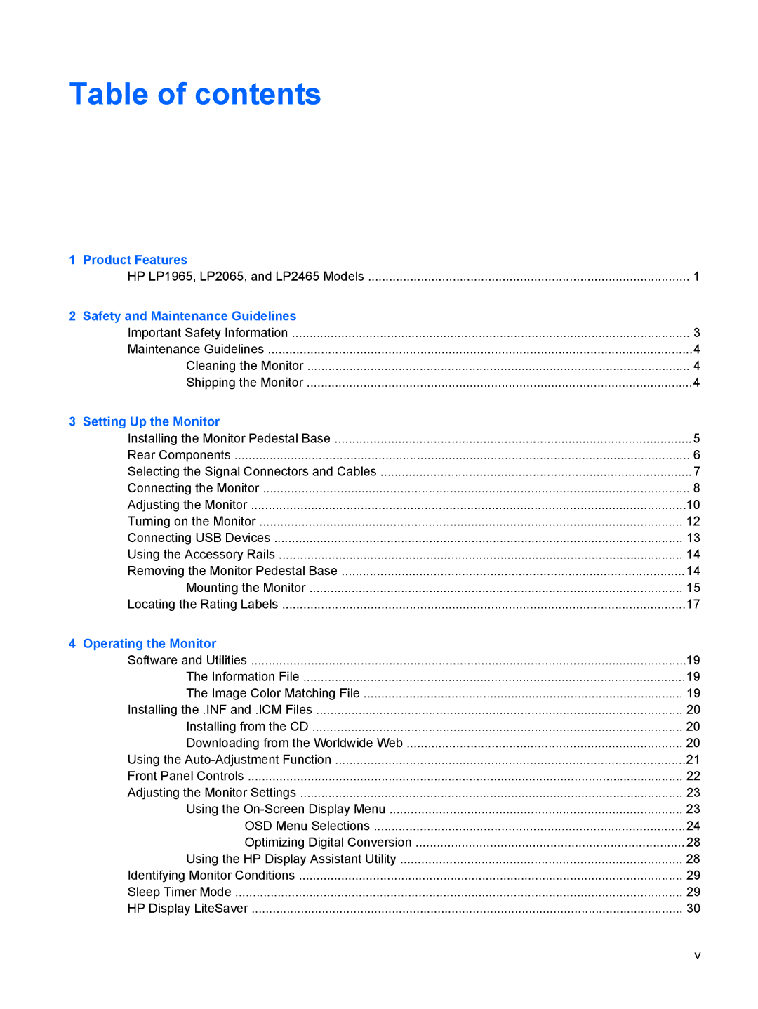 HP S LP2065, S LP1965, S LP2465 manual Table of contents 