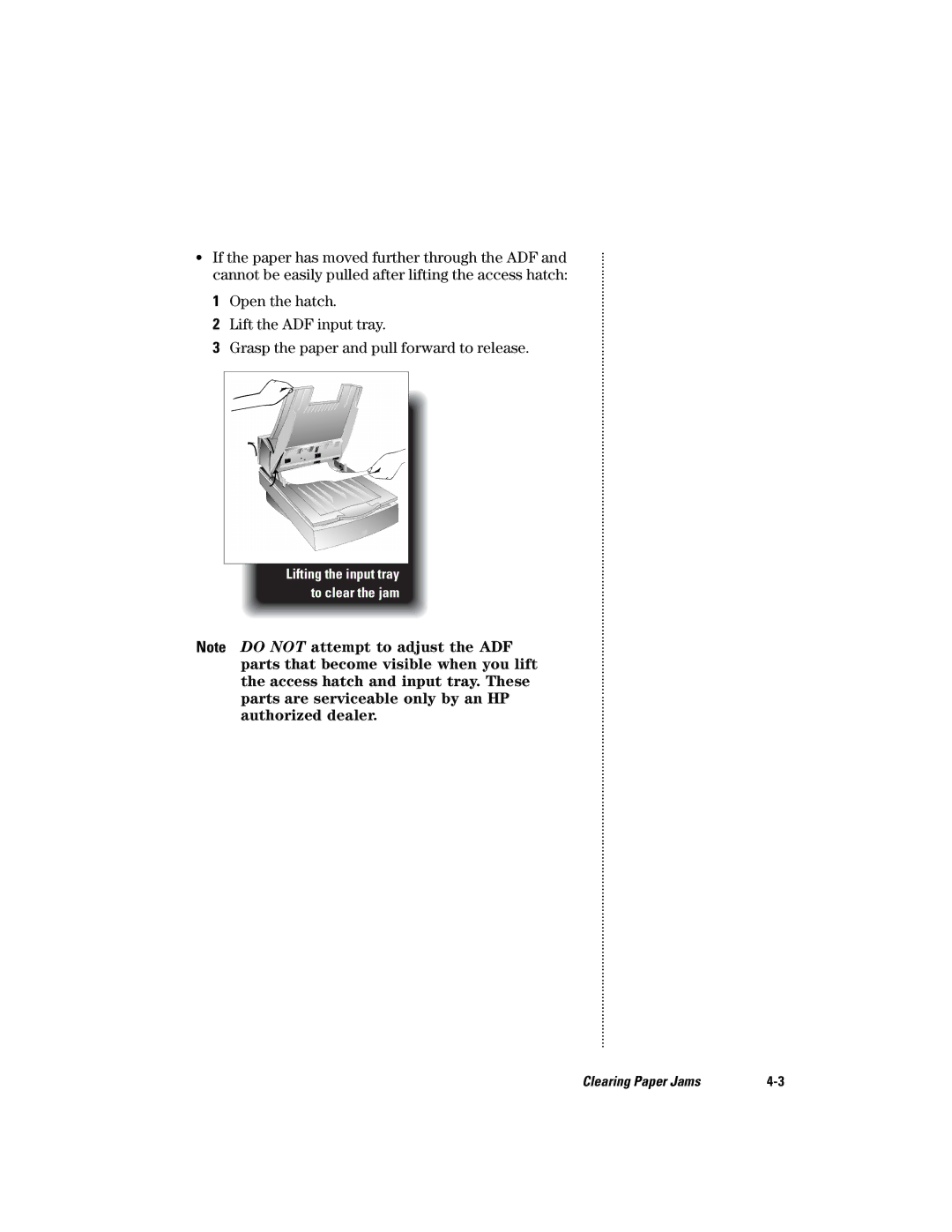 HP s manual Lifting the input tray to clear the jam 