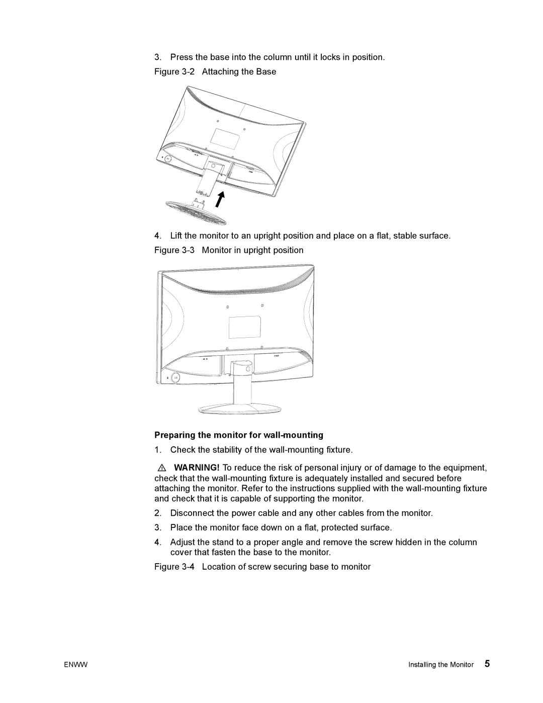 HP S1922 manual Preparing the monitor for wall-mounting, Location of screw securing base to monitor 