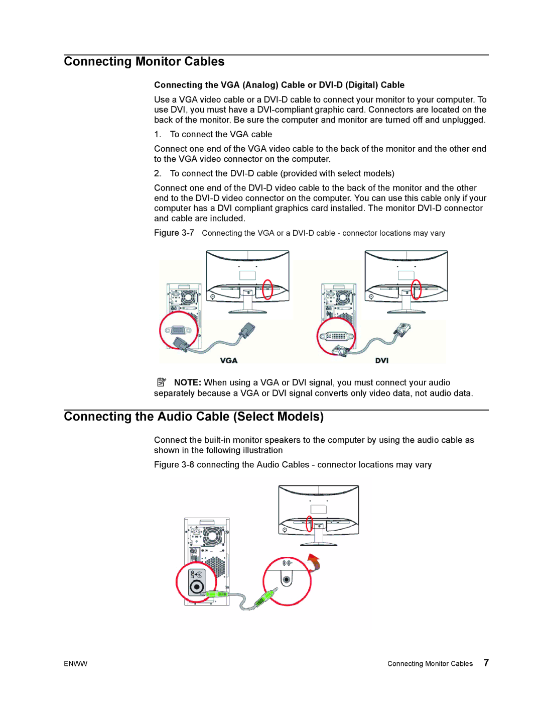 HP S1922 manual Connecting Monitor Cables, Connecting the Audio Cable Select Models 