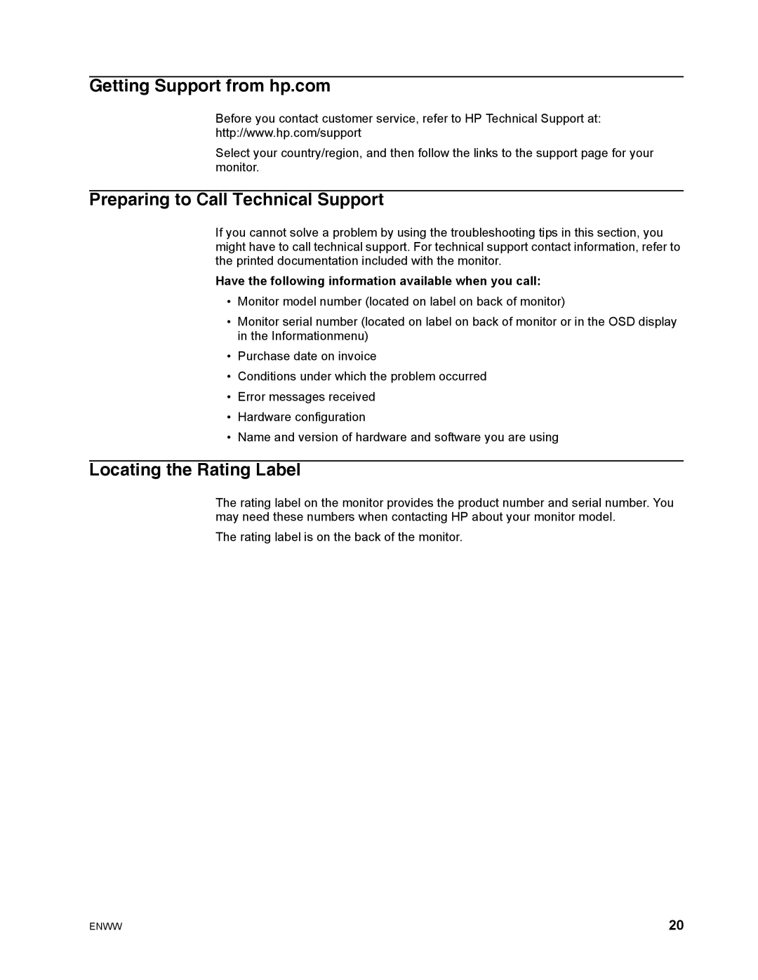 HP S1922 manual Getting Support from hp.com, Preparing to Call Technical Support, Locating the Rating Label 