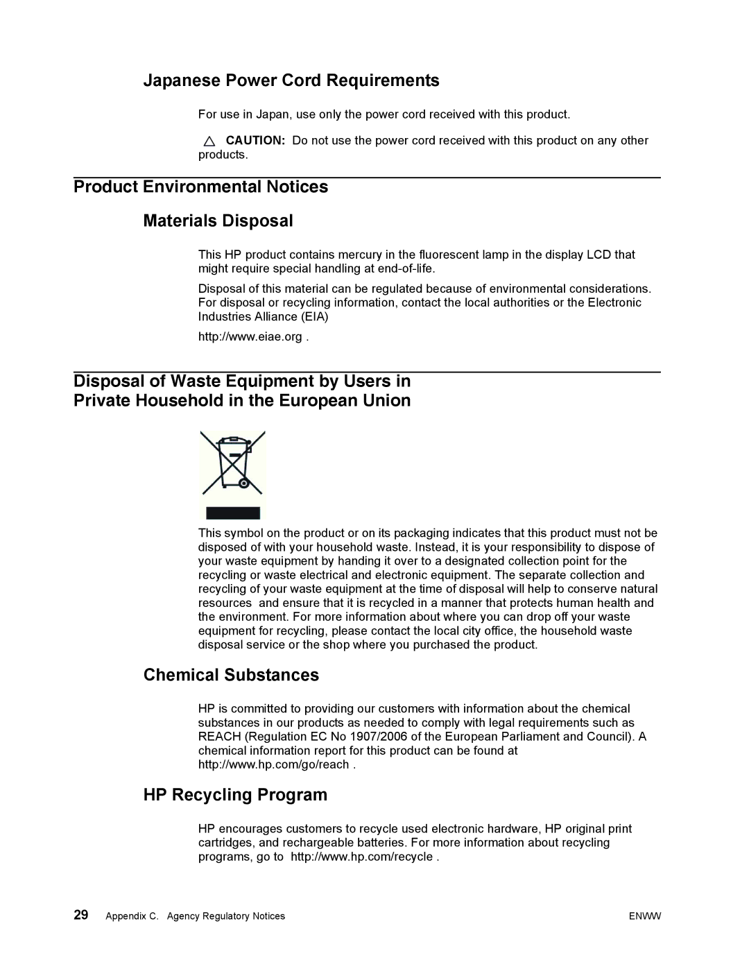 HP S1922 manual Japanese Power Cord Requirements, Product Environmental Notices Materials Disposal 