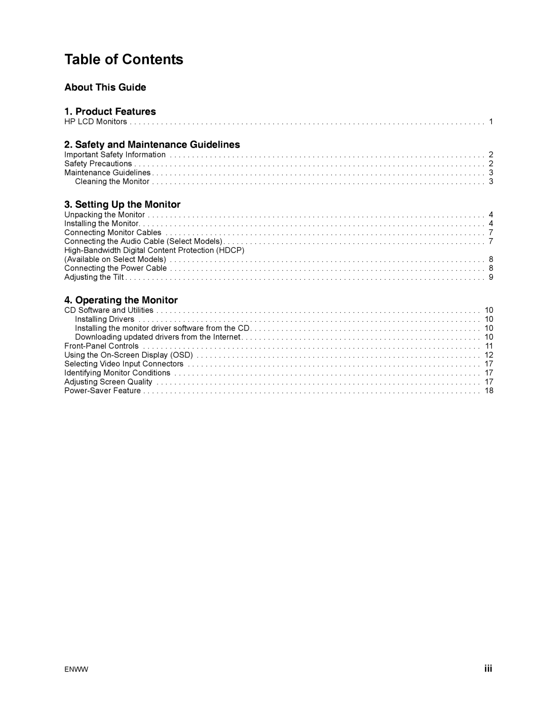 HP S1922 manual Table of Contents 