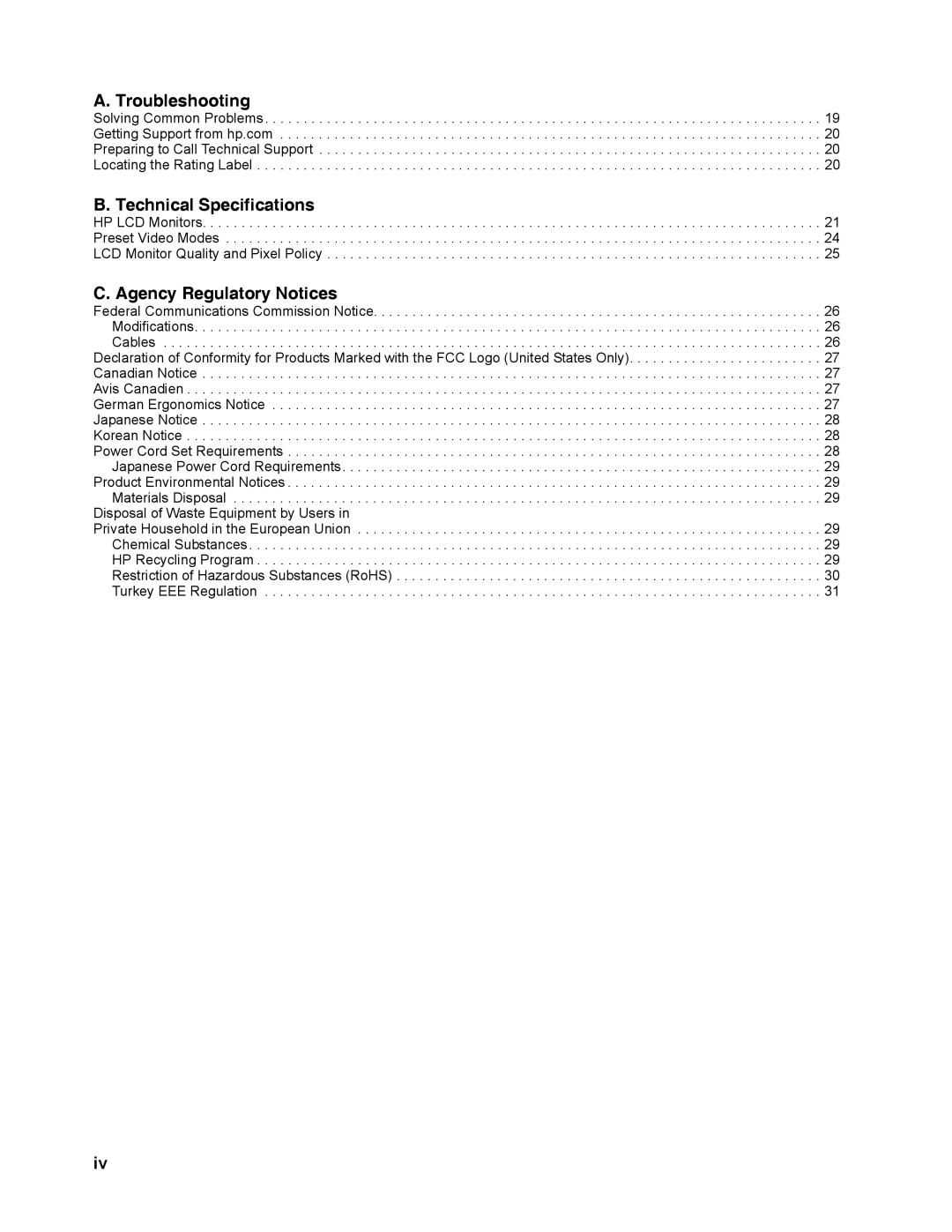 HP S1922 manual Troubleshooting Technical Specifications 