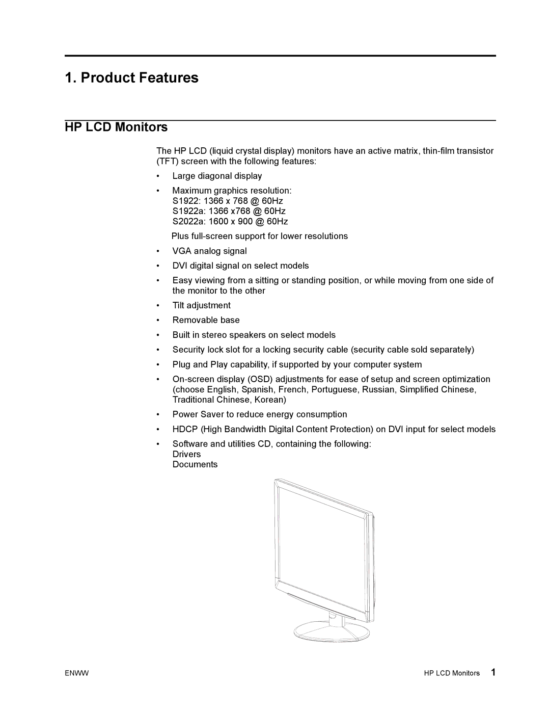 HP S1922 manual Product Features, HP LCD Monitors 