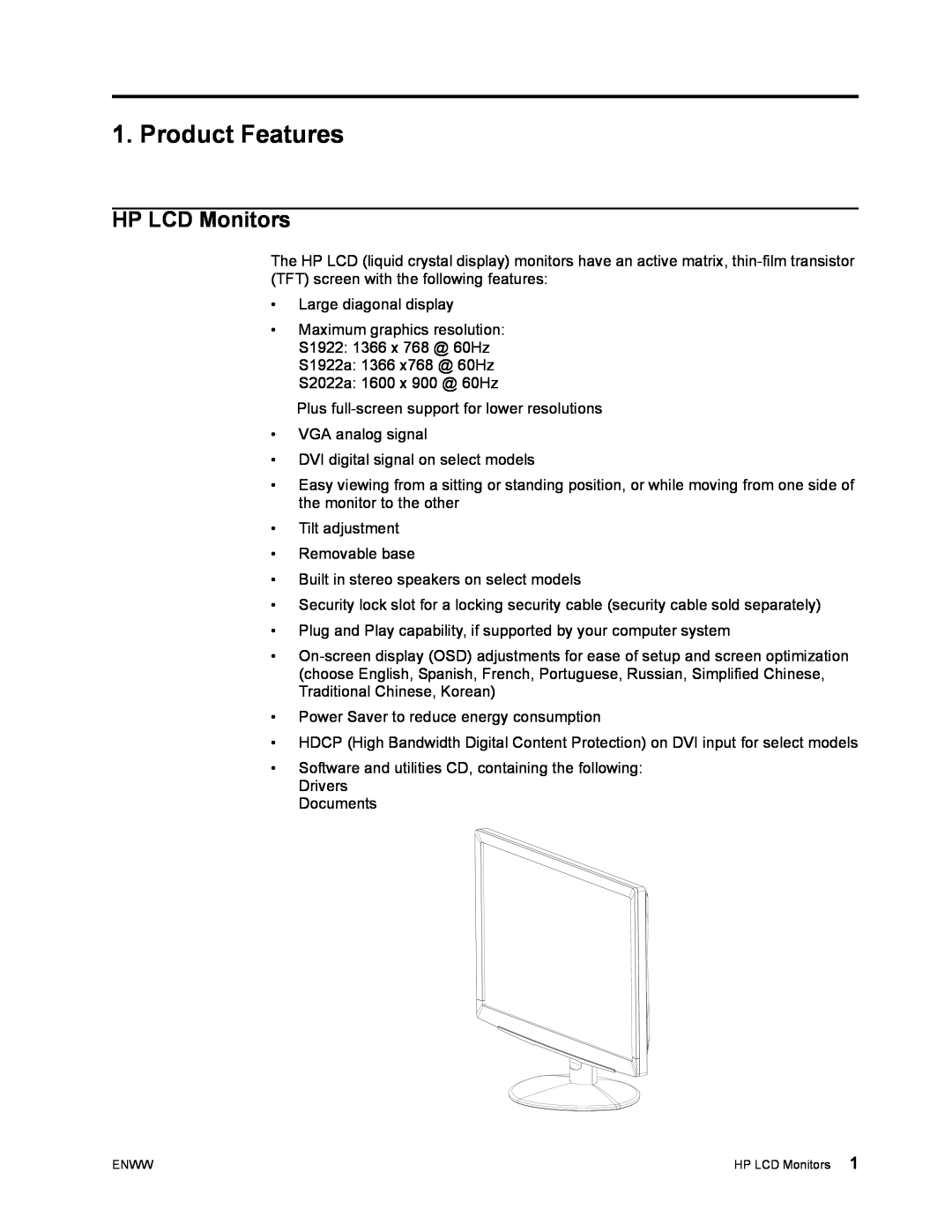 HP S1922 manual Product Features, HP LCD Monitors 