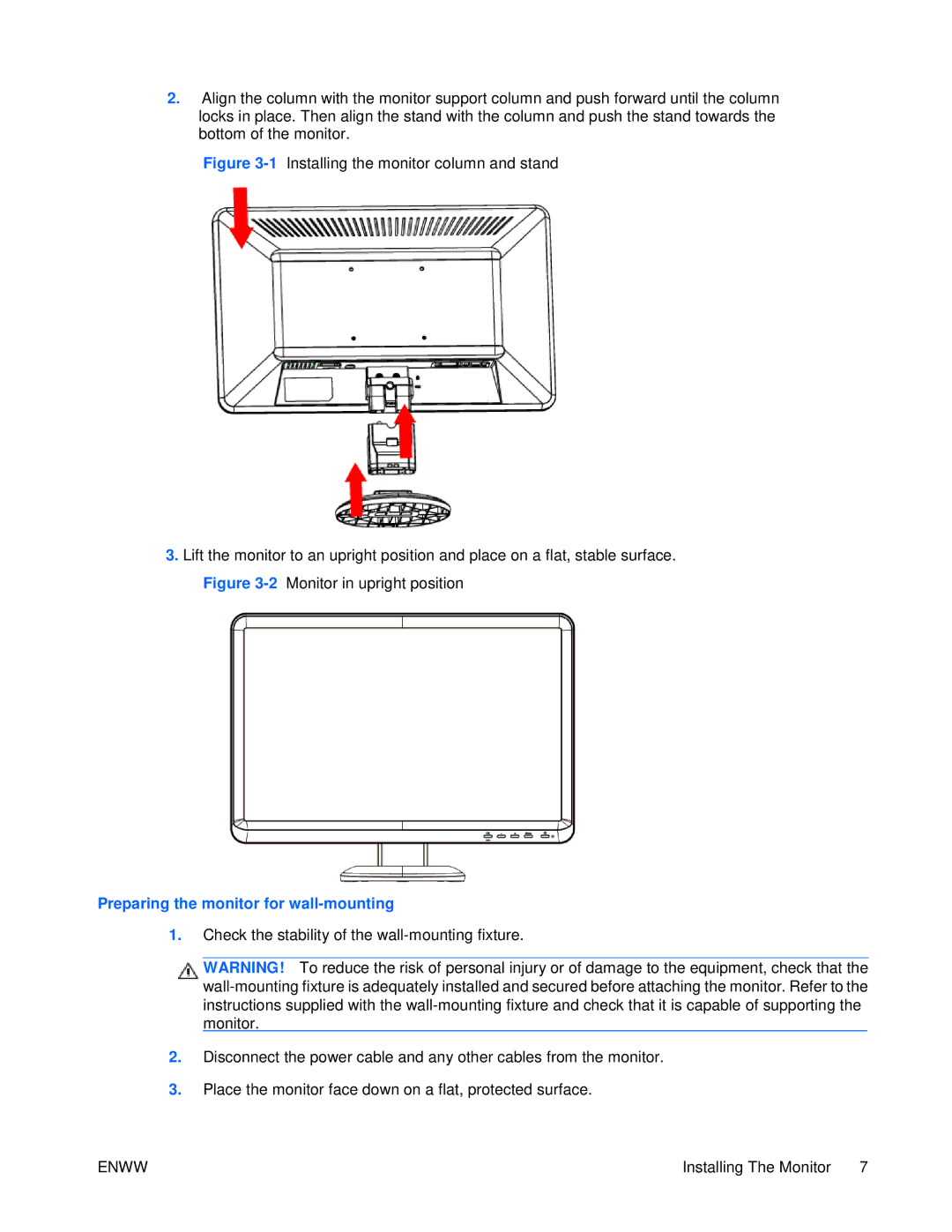 HP S2021 20-inch manual Preparing the monitor for wall-mounting 