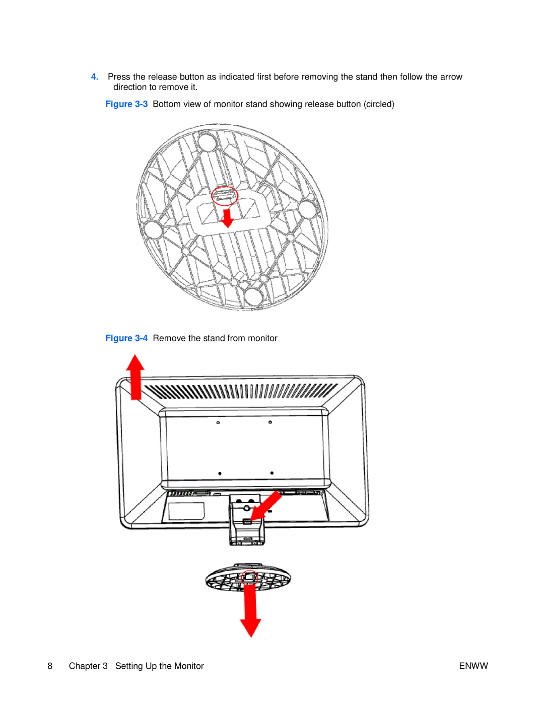 HP S2021 20-inch manual 3Bottom view of monitor stand showing release button circled 