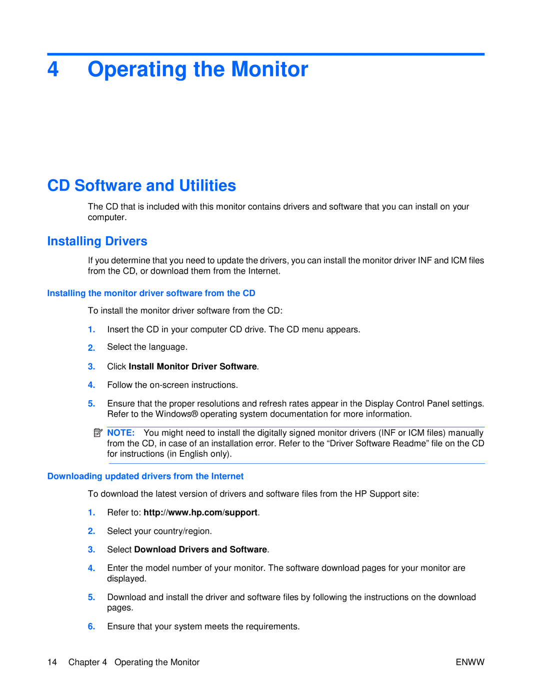 HP S2021 20-inch manual Operating the Monitor, CD Software and Utilities, Installing Drivers 