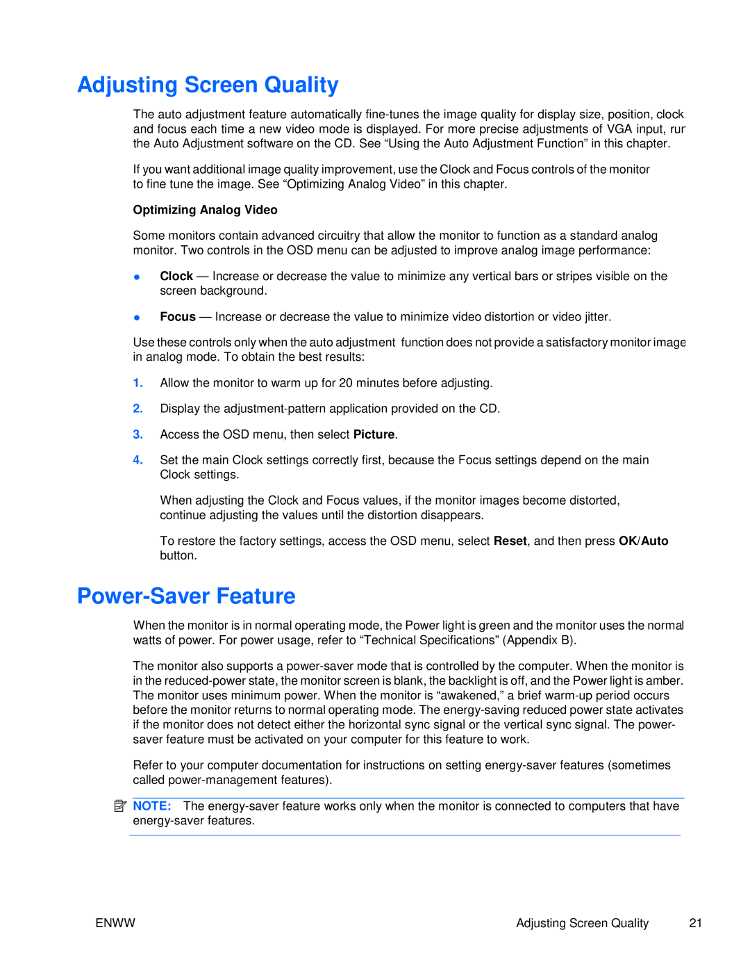 HP S2021 20-inch manual Adjusting Screen Quality, Power-Saver Feature, Optimizing Analog Video 