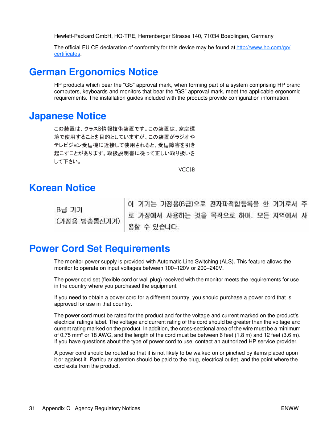 HP S2021 20-inch manual German Ergonomics Notice, Japanese Notice Korean Notice Power Cord Set Requirements 