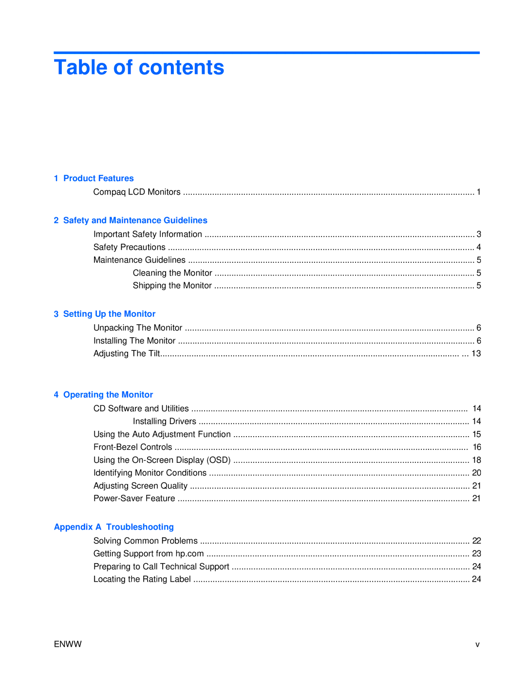 HP S2021 20-inch manual Table of contents 