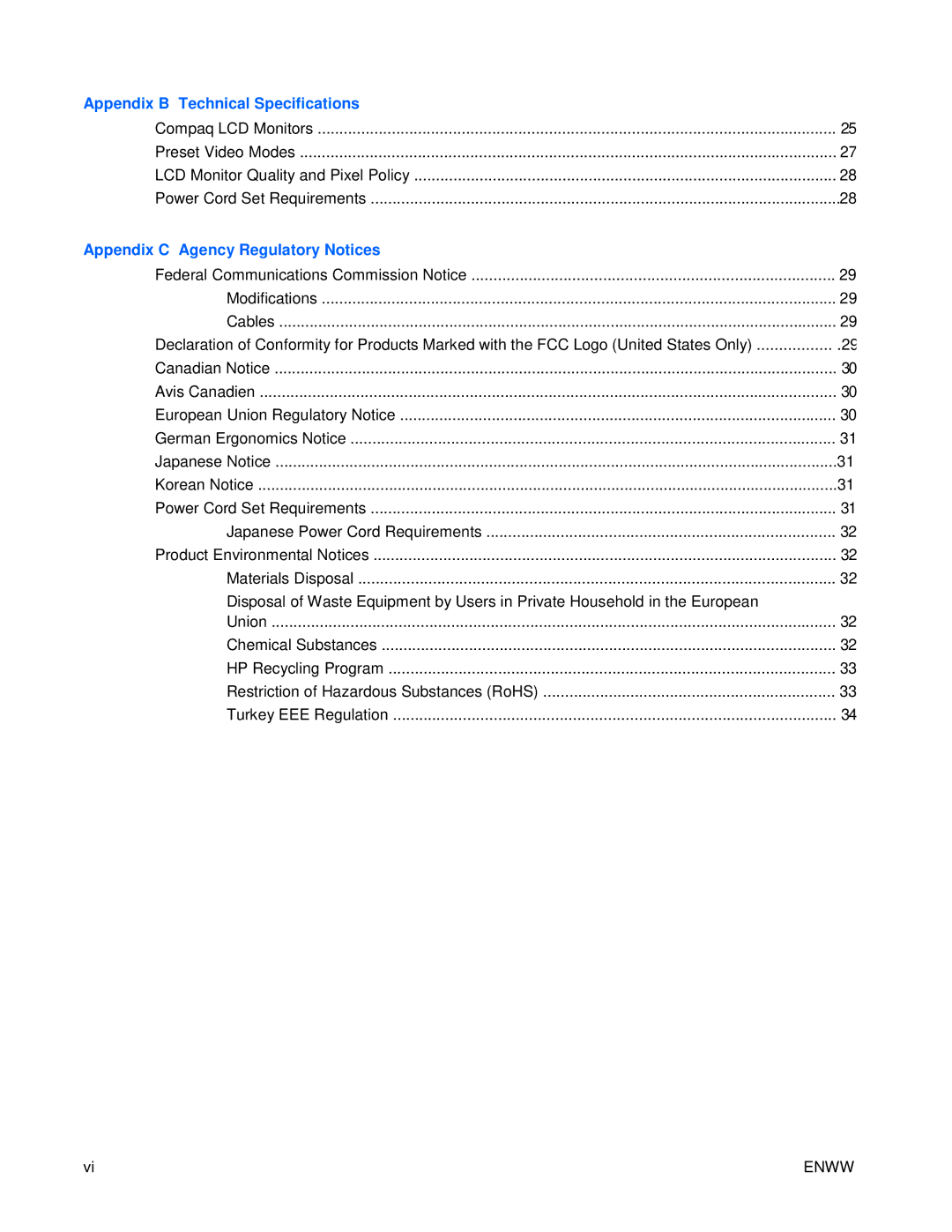 HP S2021 20-inch manual Appendix B Technical Specifications, Appendix C Agency Regulatory Notices 