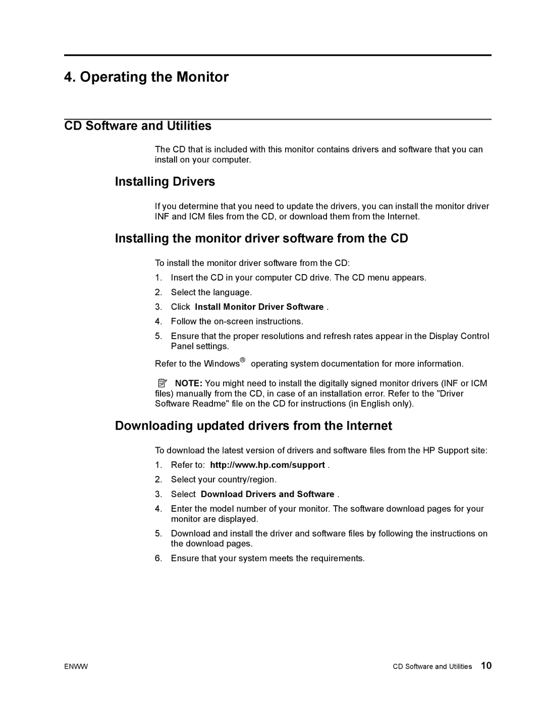 HP S1922a, S2022a manual Operating the Monitor, CD Software and Utilities, Installing Drivers 