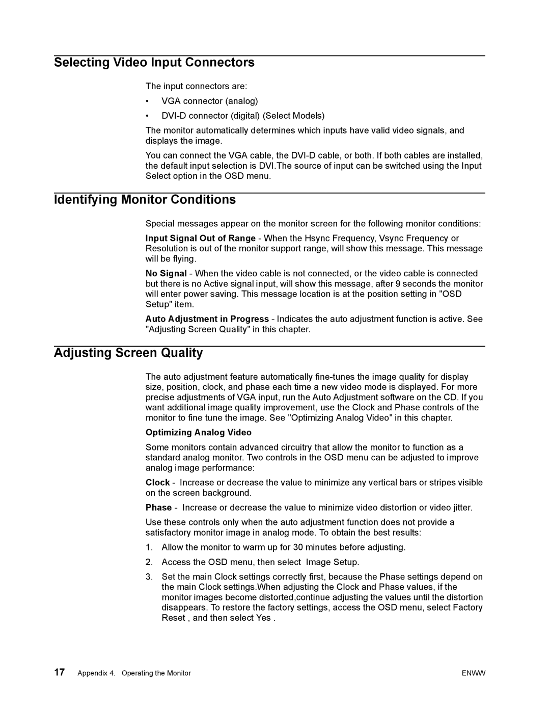 HP S2022a, S1922a manual Selecting Video Input Connectors, Identifying Monitor Conditions, Adjusting Screen Quality 