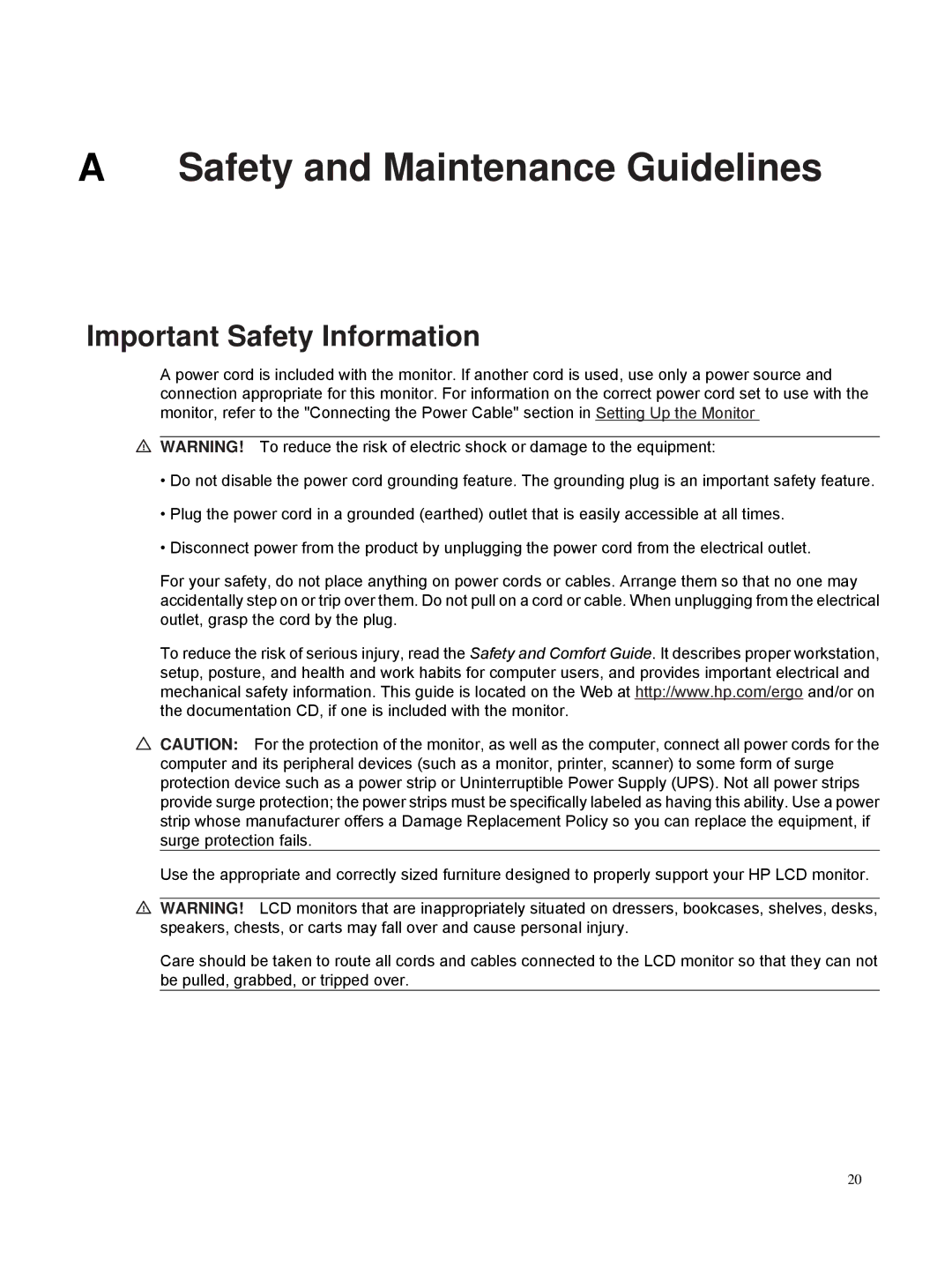 HP S1931A, S2031A, S2231A, S2321A, S2331 manual Safety and Maintenance Guidelines, Important Safety Information 