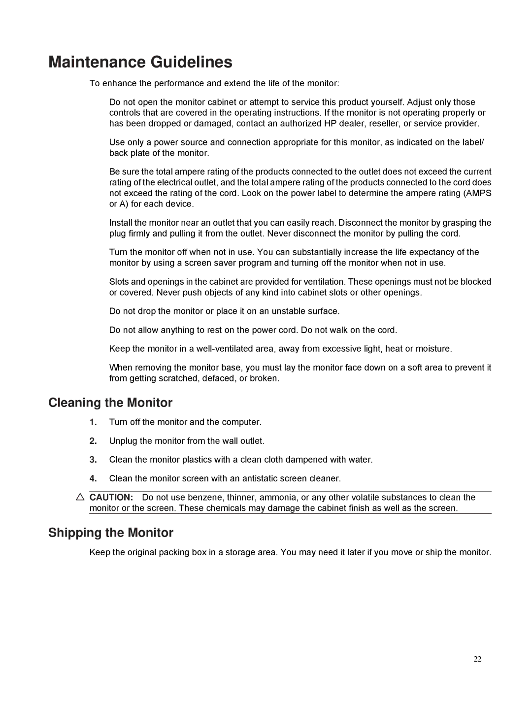 HP S1931A, S2031A, S2231A, S2321A, S2331 manual Maintenance Guidelines, Cleaning the Monitor, Shipping the Monitor 