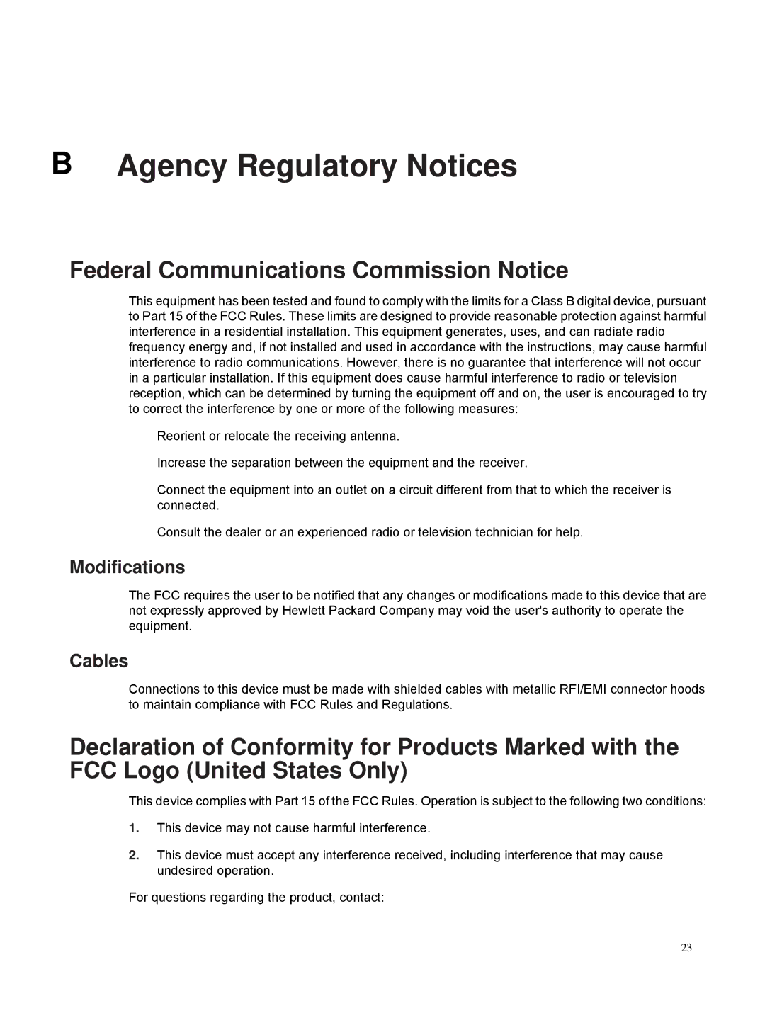 HP S2231A, S1931A, S2031A Agency Regulatory Notices, Federal Communications Commission Notice, Modifications, Cables 