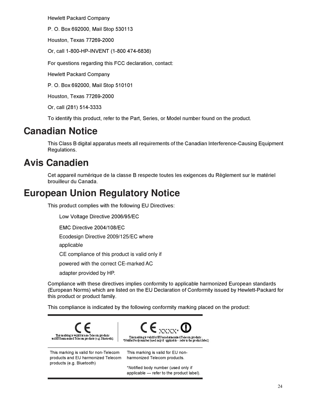 HP S2321A, S1931A, S2031A, S2231A, S2331 manual Canadian Notice, Avis Canadien, European Union Regulatory Notice 