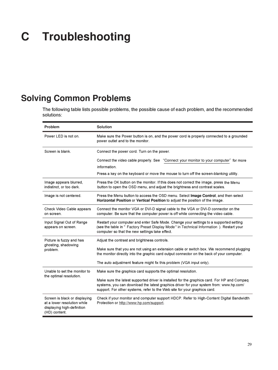 HP S1931A, S2031A, S2231A, S2321A, S2331 manual Troubleshooting, Solving Common Problems 