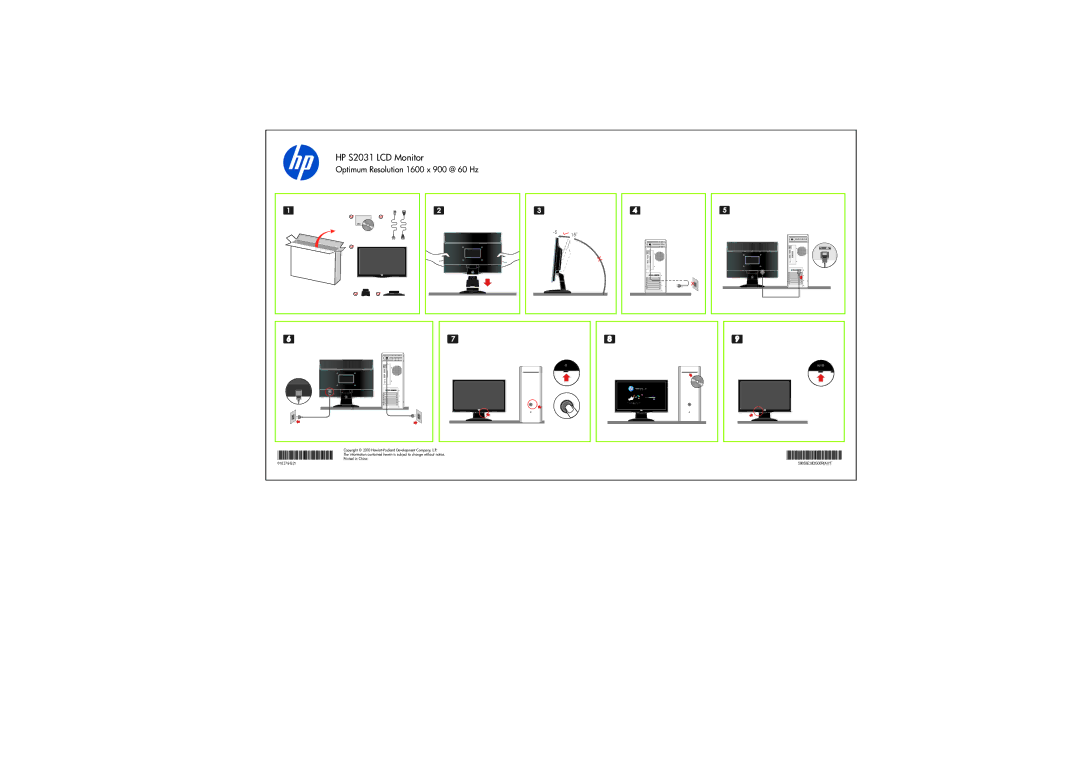 HP manual HP S2031 LCD Monitor, Optimum Resolution 1600 x 900 @ 60 Hz 