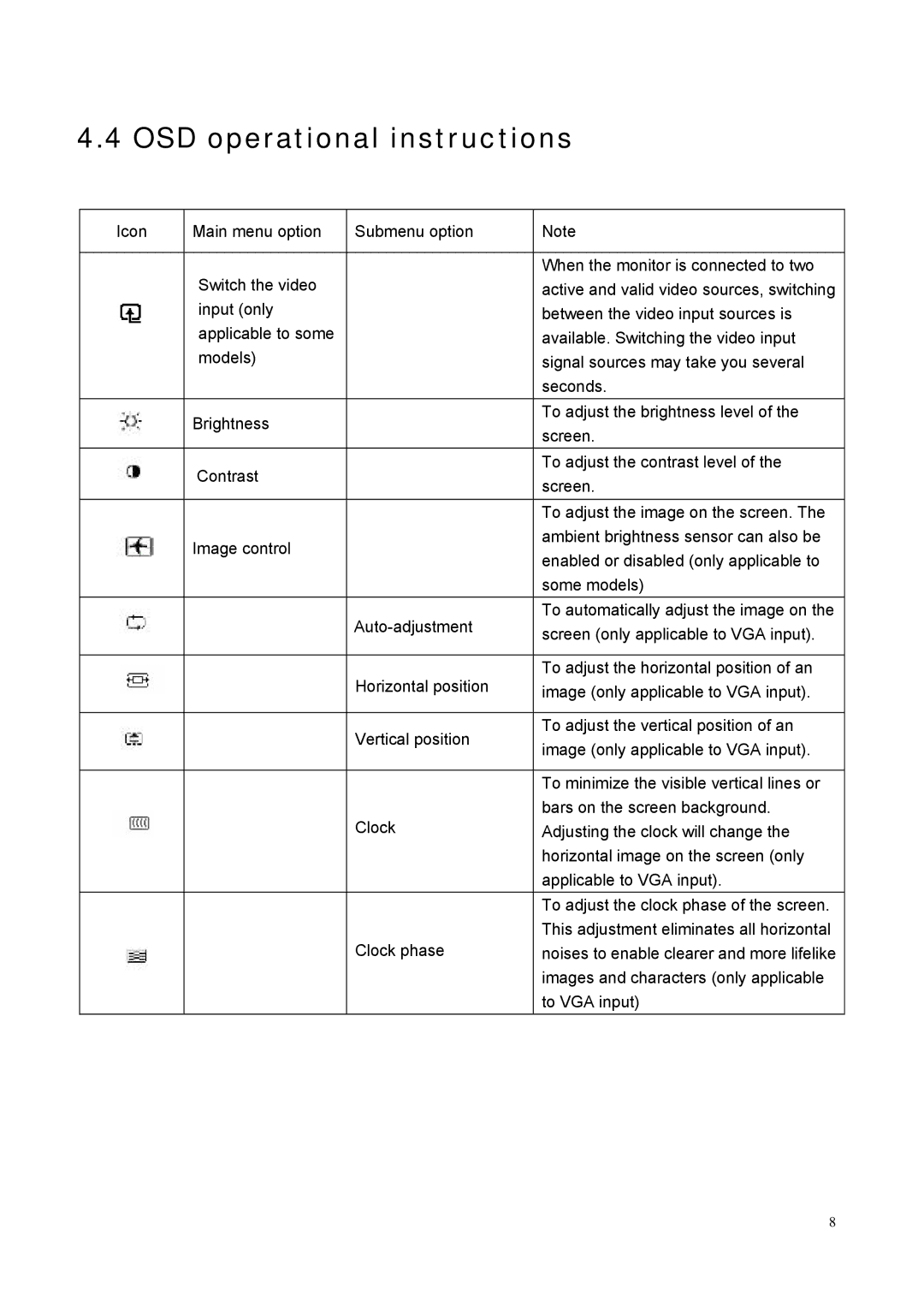 HP S2031a 20-inch, S1931a 18.5-inch, S2331a, S2231 manual OSD operational instructions 