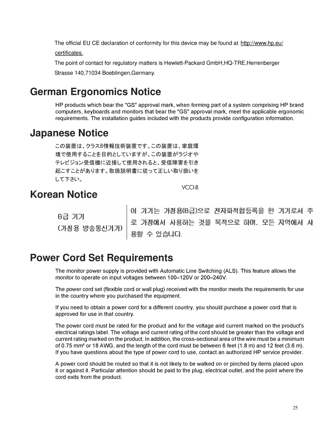 HP S2331a, S2031a 20-inch, S2231 manual German Ergonomics Notice, Japanese Notice Korean Notice Power Cord Set Requirements 