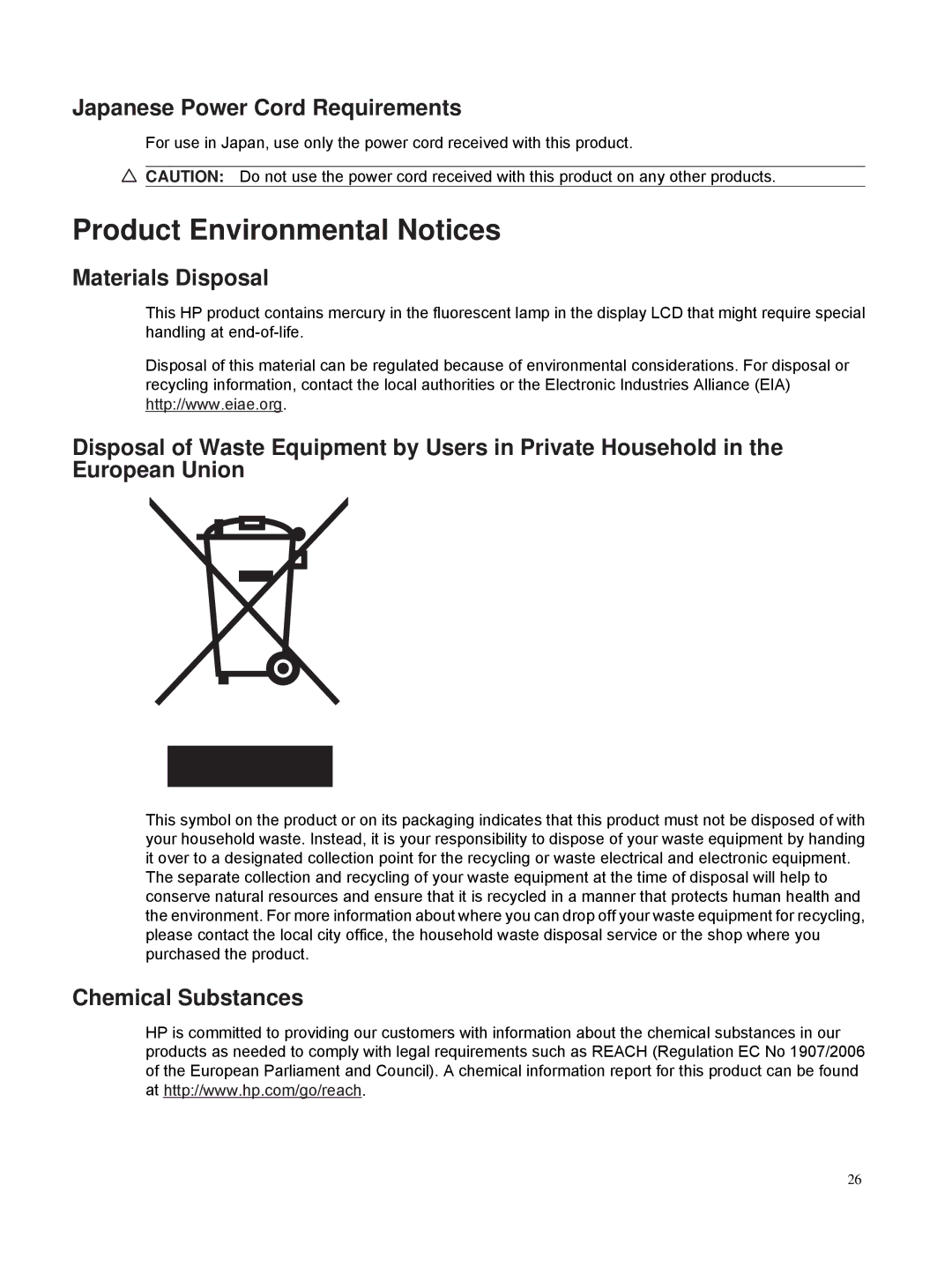 HP S2031, S2331a Product Environmental Notices, Japanese Power Cord Requirements, Materials Disposal, Chemical Substances 