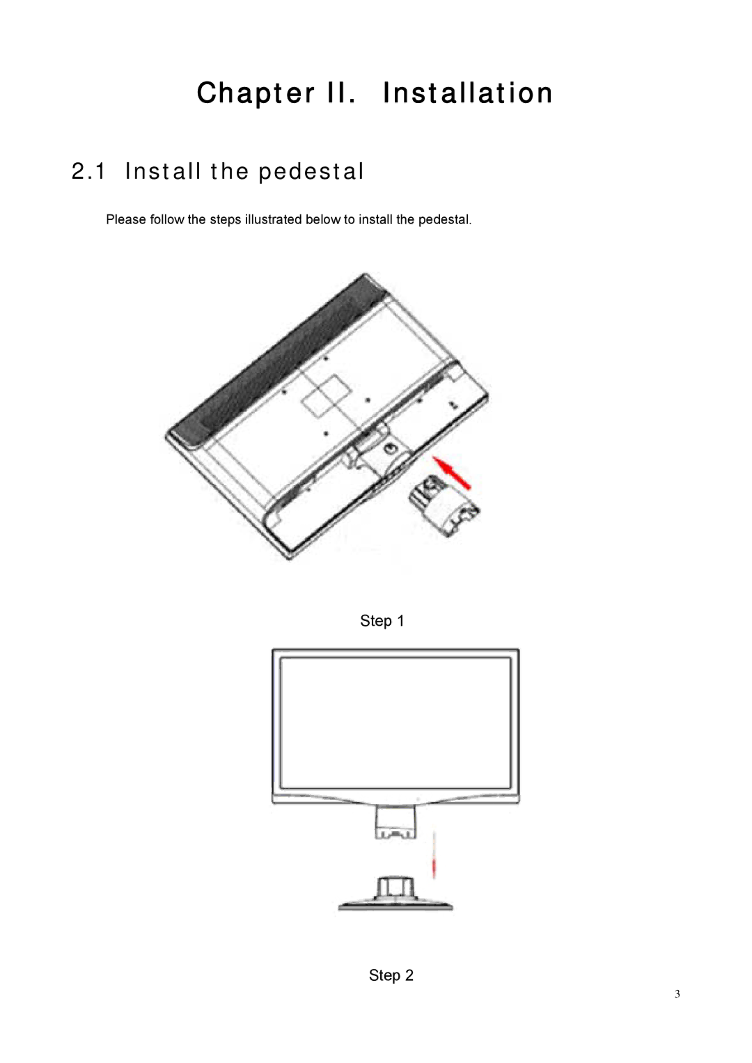 HP S2031a 20-inch, S1931a 18.5-inch, S2331a, S2231 manual Chapter II. Installation, Install the pedestal 