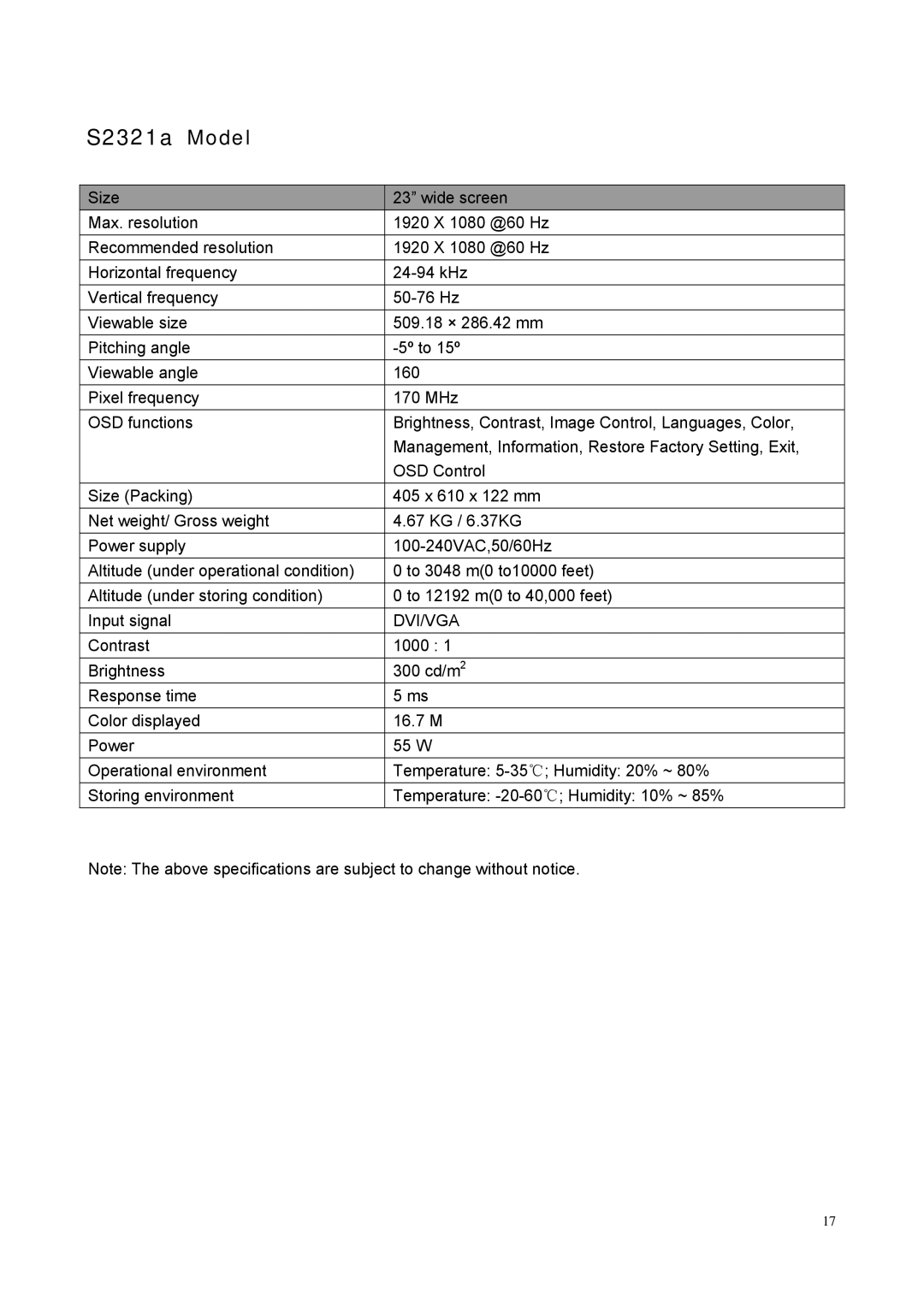 HP S2231/S2231A, S2031/S2031A, S2331/S2331A manual S2321a Model 